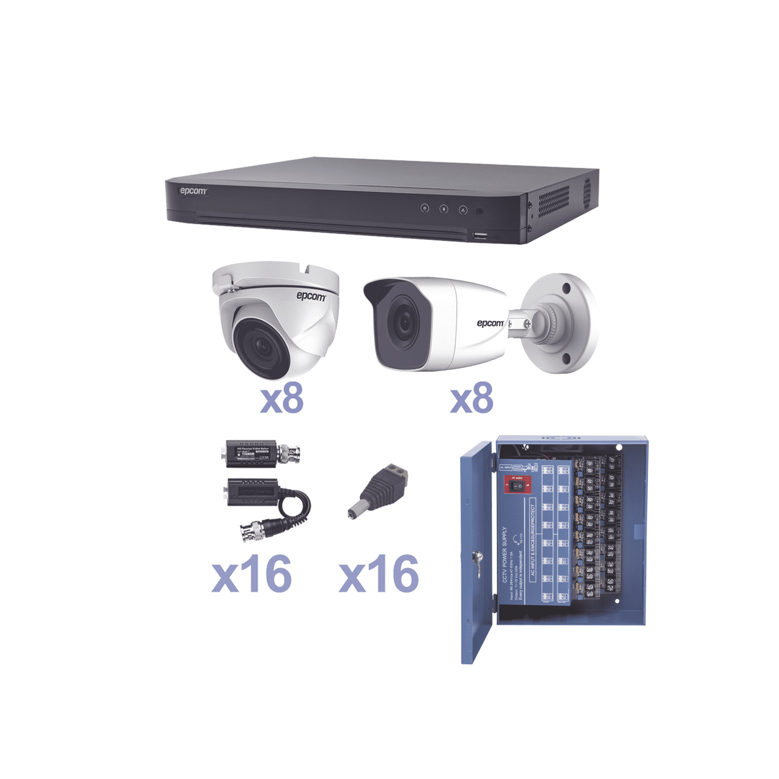 KIT TurboHD 1080p / DVR 16 Canales / 8 Cámaras Bala (exterior 2.8 mm) / 8 Cámaras Eyeball (exterior 2.8 mm) / Transceptores / Conectores / Fuente de Poder Profesional KEVTX8T8B/8EW - EPCOM PROFESSIONAL