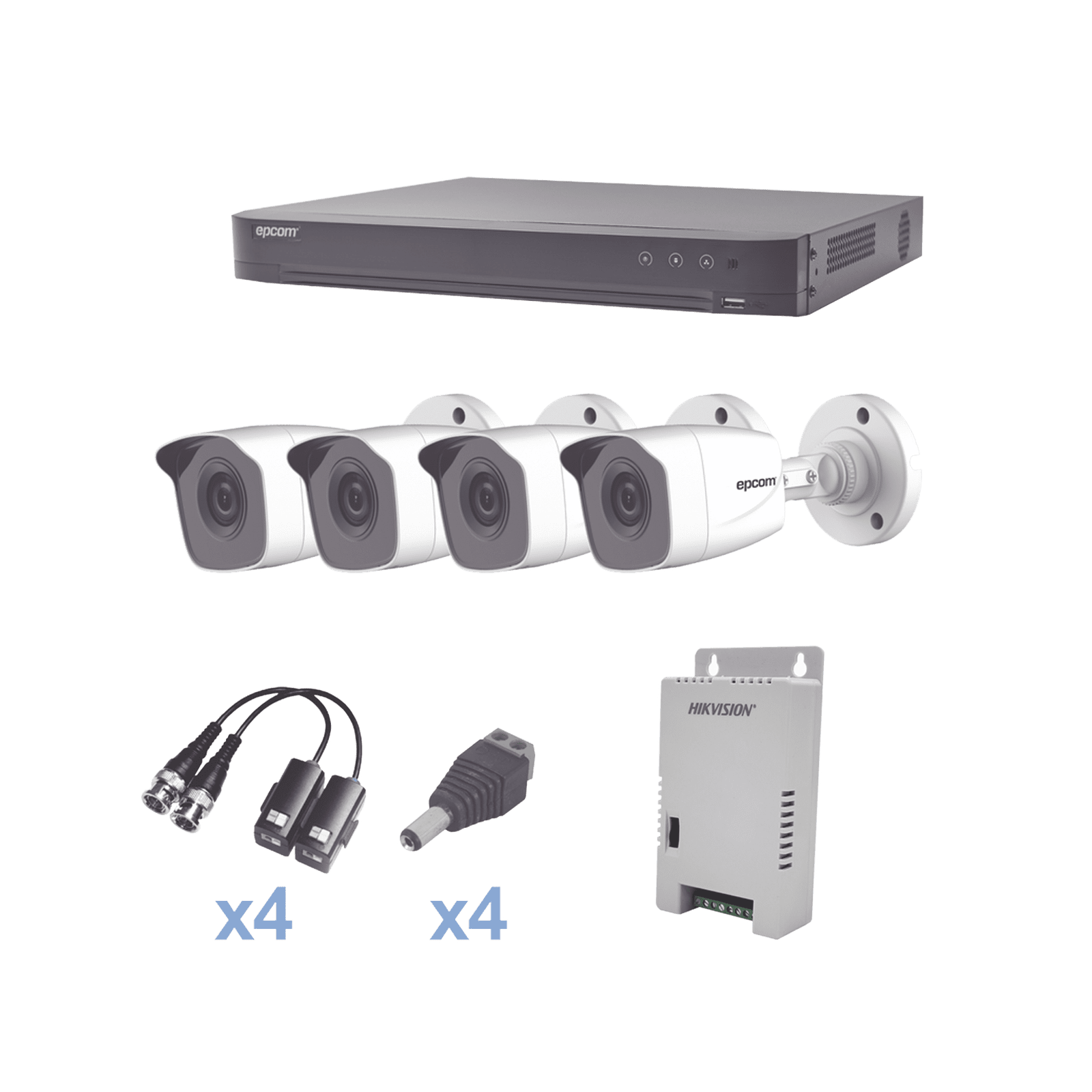KIT TurboHD 1080p / DVR 4 Canales / 4 Cámaras Bala Metálicas (exterior 2.8 mm) / Transceptores / Conectores / Fuente de Poder Profesional KEVTX8T4BW - EPCOM PROFESSIONAL