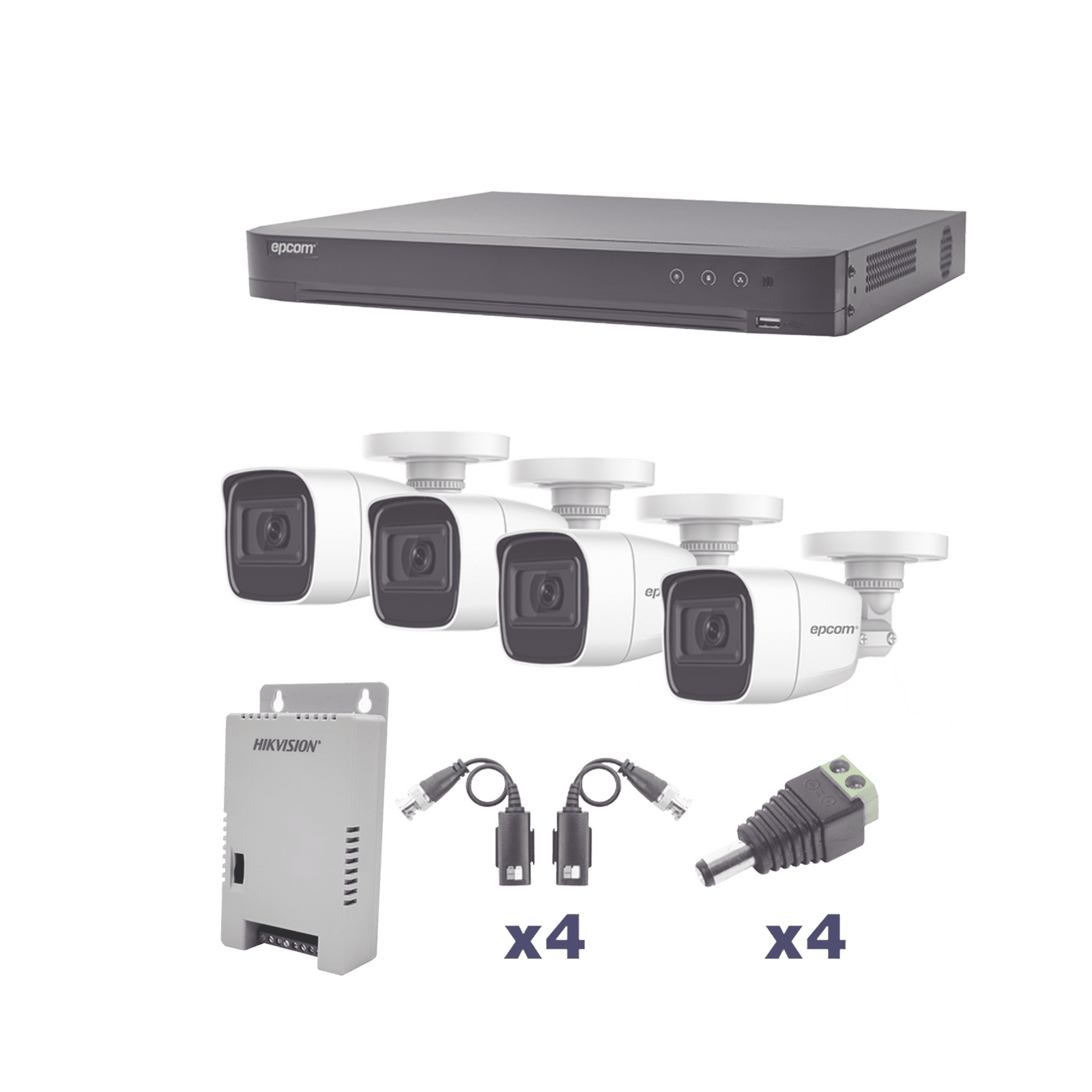 KIT TurboHD 1080p / DVR 4 Canales / 4 Cámaras Bala Policarbonato con Audio Integrado (exterior 2.8 mm) / Transceptores / Conectores / Fuente de Poder Profesional KEVTX8T4BW/A - EPCOM PROFESSIONAL