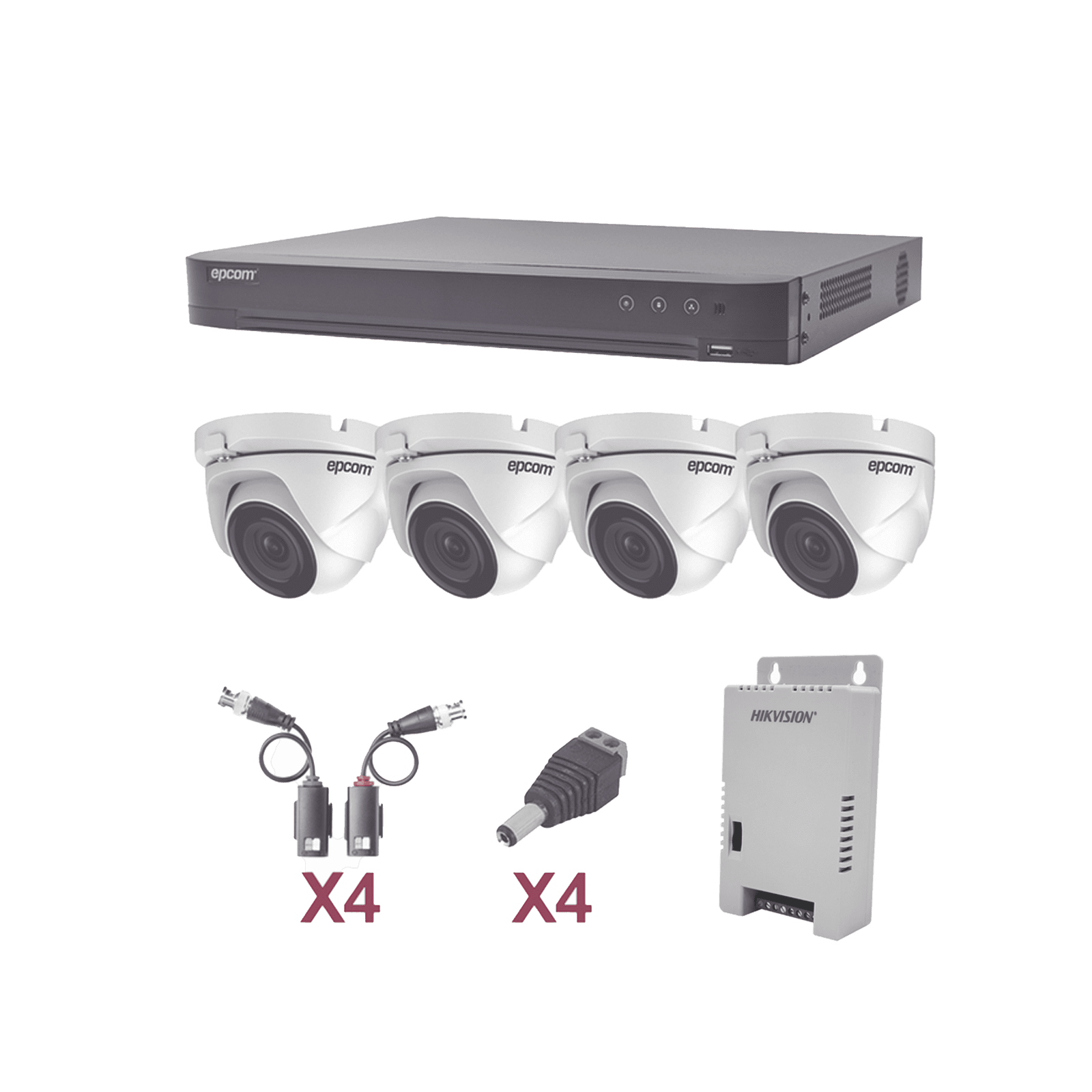 KIT TurboHD 1080p / DVR 4 Canales / 4 Cámaras Eyeball (exterior 2.8 mm) / Transceptores / Conectores / Fuente de Poder Profesional KEVTX8T4EW - EPCOM PROFESSIONAL