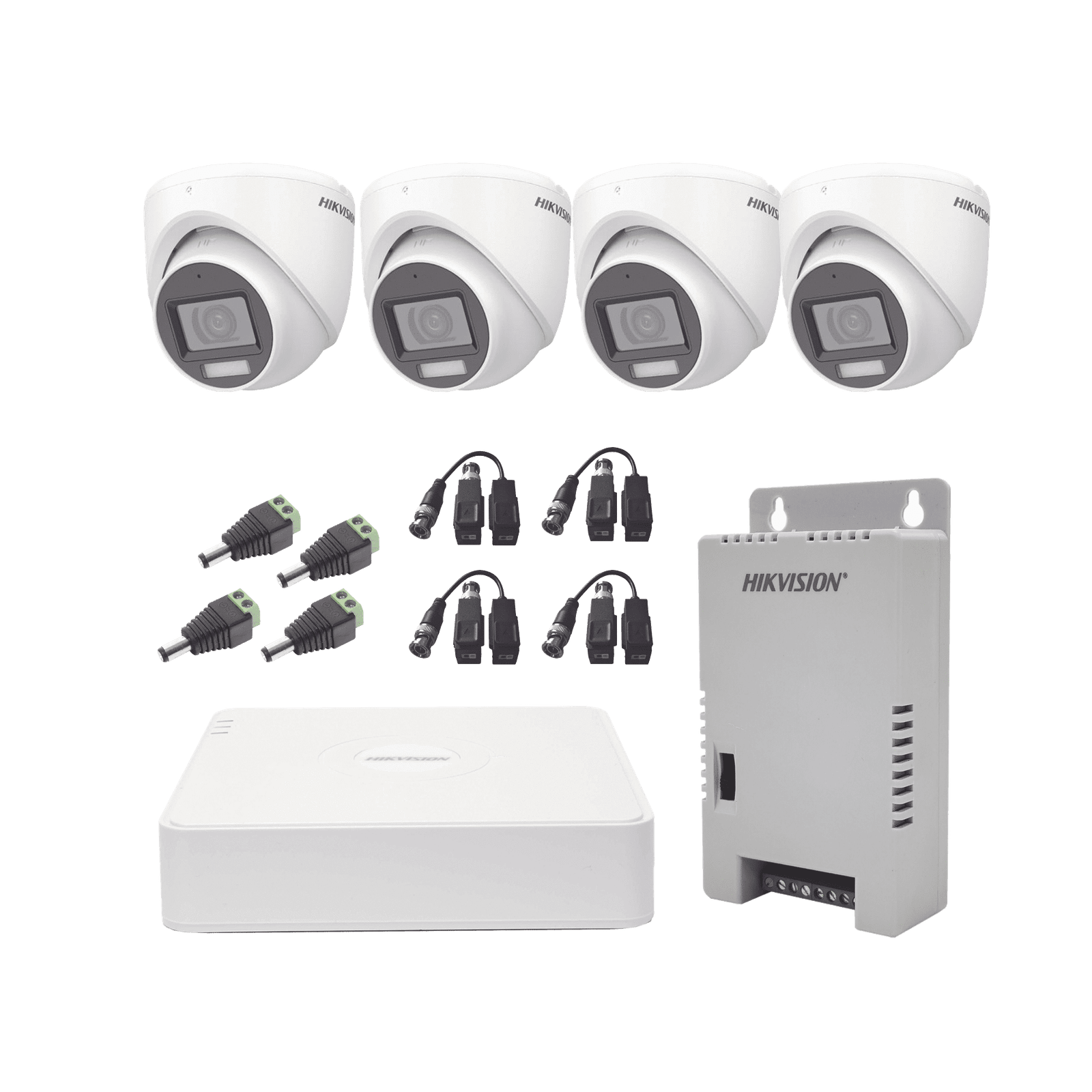 KIT TurboHD 1080p / DVR 4 Canales con audio por coaxitron / 4 Cámaras con Micrófono y  106° Visión/  luz blanca + IR visión nocturna  / Transceptores / Conectores / Fuente de Poder Profesional KH1080P4ESFH - HIKVISION