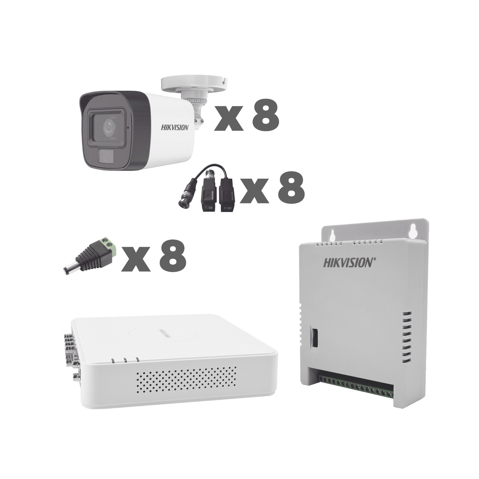 KIT TurboHD 1080p / DVR 8 Canales con audio por coaxitron / 8 Cámaras con Micrófono Integrado 101° Visión/  luz blanca + IR visión nocturna  / Transceptores / Conectores / Fuente de Poder Profesional KH1080P8BFH - HIKVISION