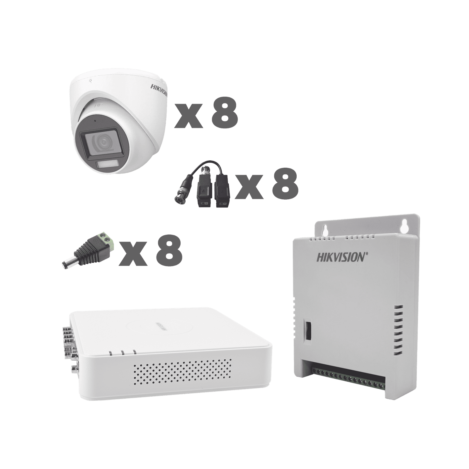 KIT TurboHD 1080p / DVR 8 Canales con audio por coaxitron / 8 Cámaras con Micrófono Integrado 106° Visión/  luz blanca + IR visión nocturna  / Transceptores / Conectores / Fuente de Poder Profesional KH1080P8EWFH - HIKVISION