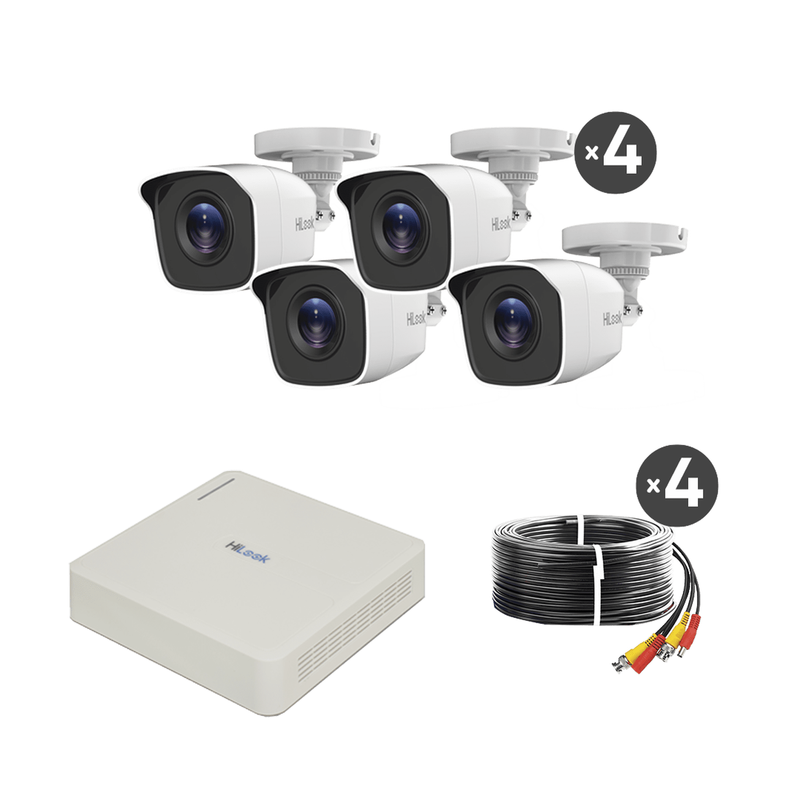 KIT TurboHD 720p / DVR 4 canales / 4 Cámaras Bala de Policarbonato / 4 Cables 18 Mts / 1 Fuente de Poder Profesional KIT7204BP(C) - HiLook by HIKVISION