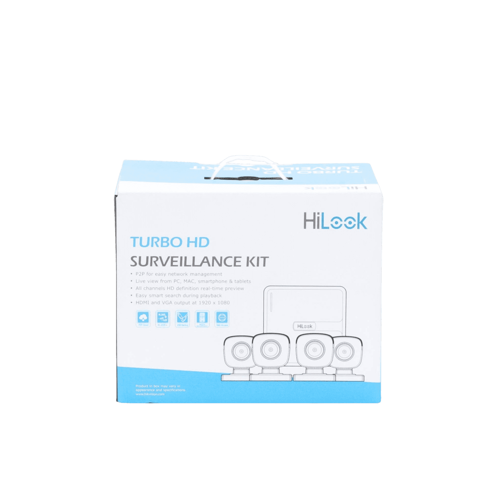 Kit TurboHD 720p / DVR 4 canales / 4 Cámaras Bala de Metal / 4 Cables 18 Mts / H.265+ / 1 Fuente de Poder Profesional / Accesorios de Instalación KIT7204BM(C) - HiLook by HIKVISION