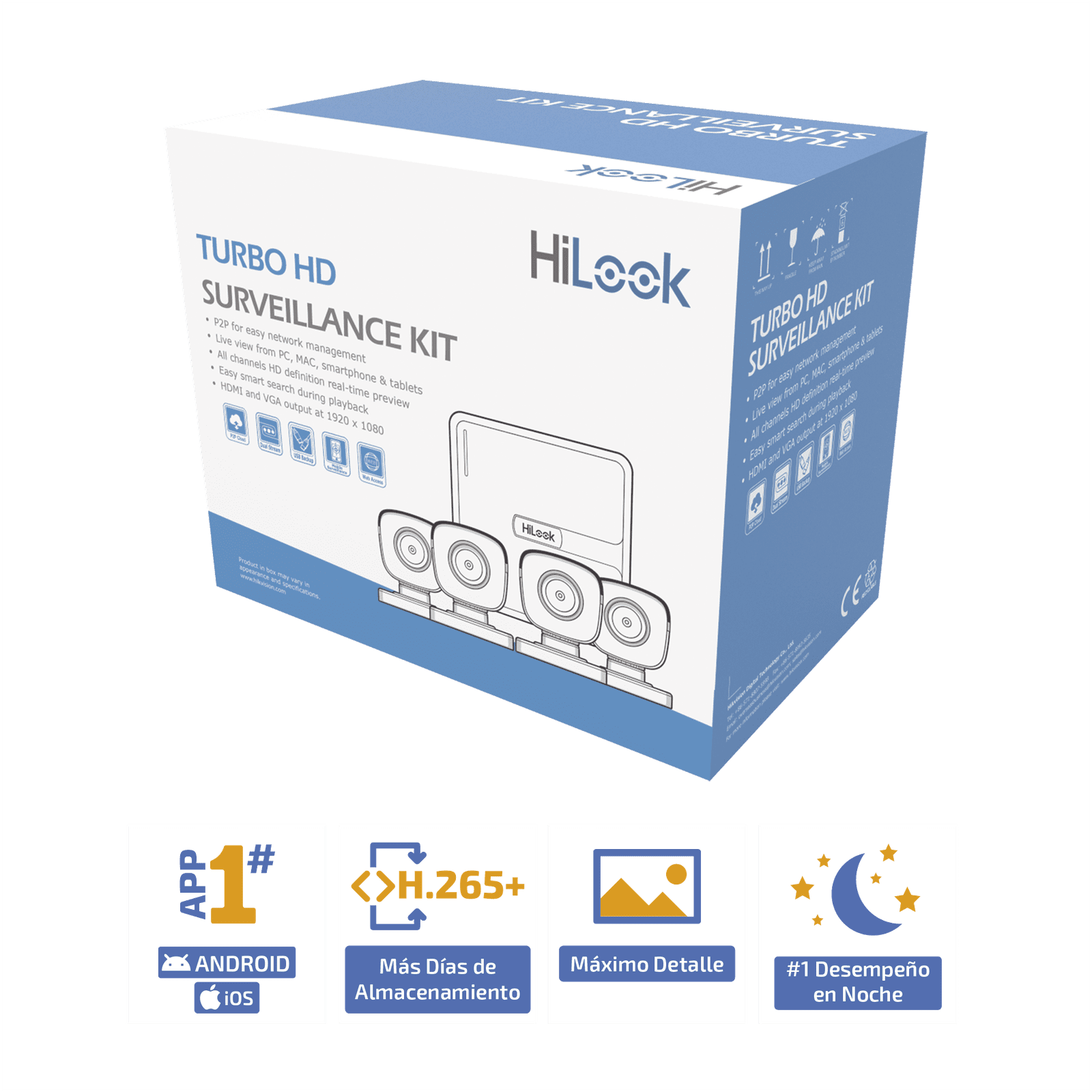 KIT TurboHD 720p / DVR 4 canales / 4 Cámaras Bala de Policarbonato / 4 Cables 18 Mts / 1 Fuente de Poder Profesional KIT7204BP(C) - HiLook by HIKVISION