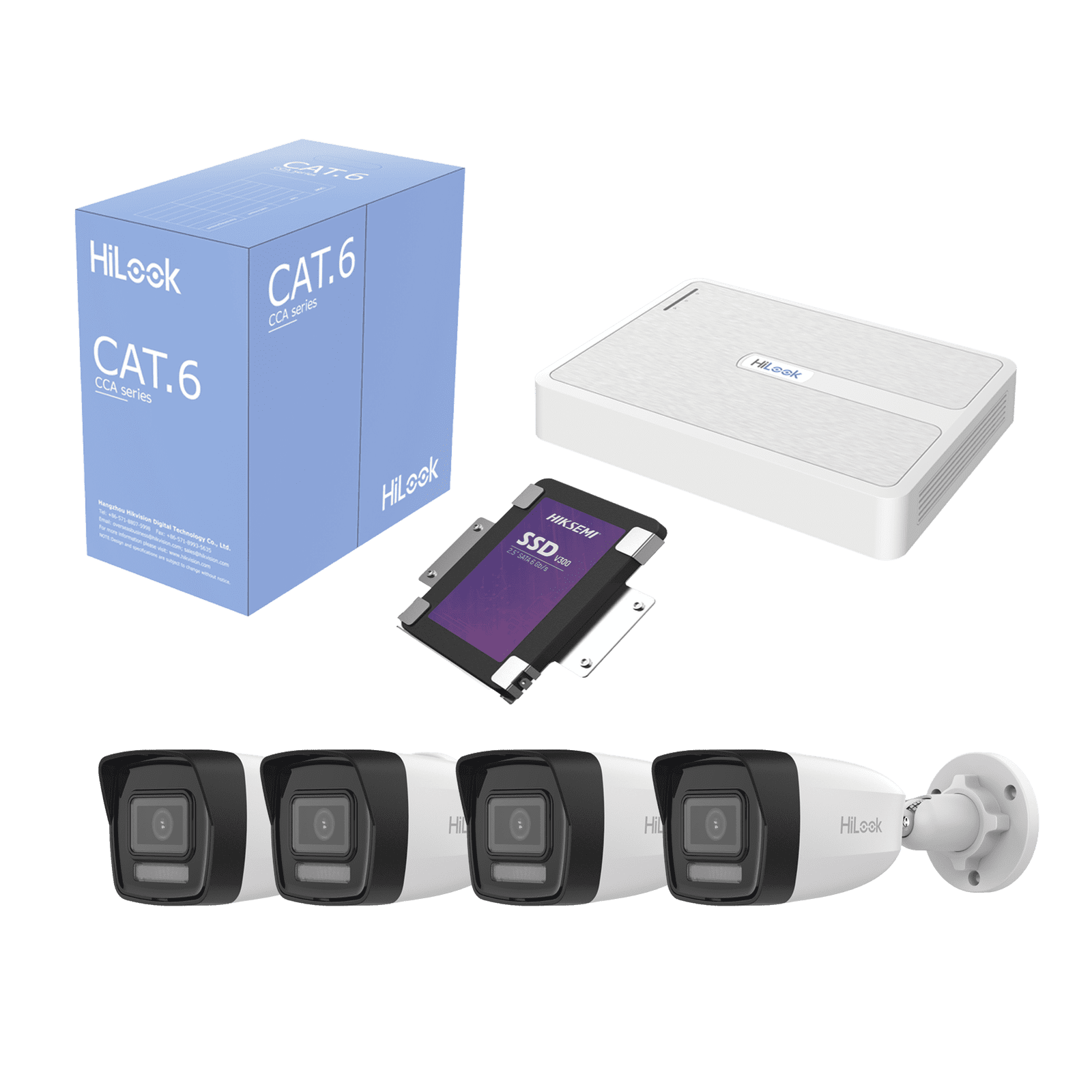 Kit IP 2 Megapixel / NVR de 8 Canales con 8 Puertos PoE / 4 Cámaras IP Bala para Exterior / Micrófono Integrado / Bobina de Cable de 305 mts / SSD 1 TB KIPH4B/SSD1TB - HiLook by HIKVISION
