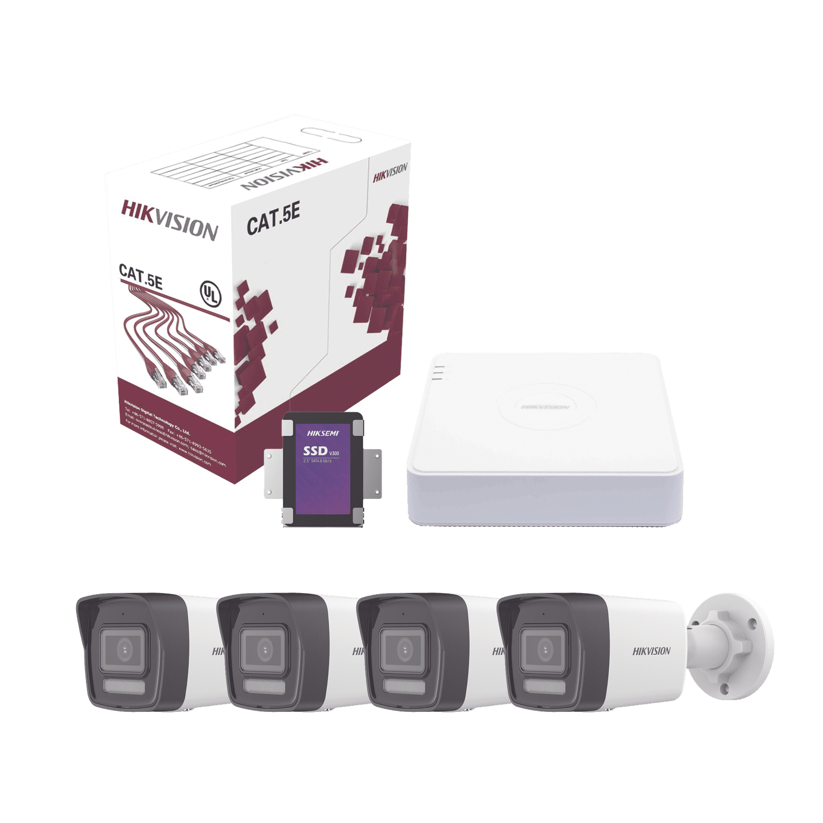 Kit IP 4 Megapixel / NVR de 4 Canales con 4 Puertos PoE / 4 Cámaras IP Bala Dual Light (IR + Luz Blanca) con Microfono Integrado y ACUSENSE Lite para Exterior/ Bobina de Cable de 100 mts / SSD de 1 TB KIT4MP/4B/1TB - HIKVISION