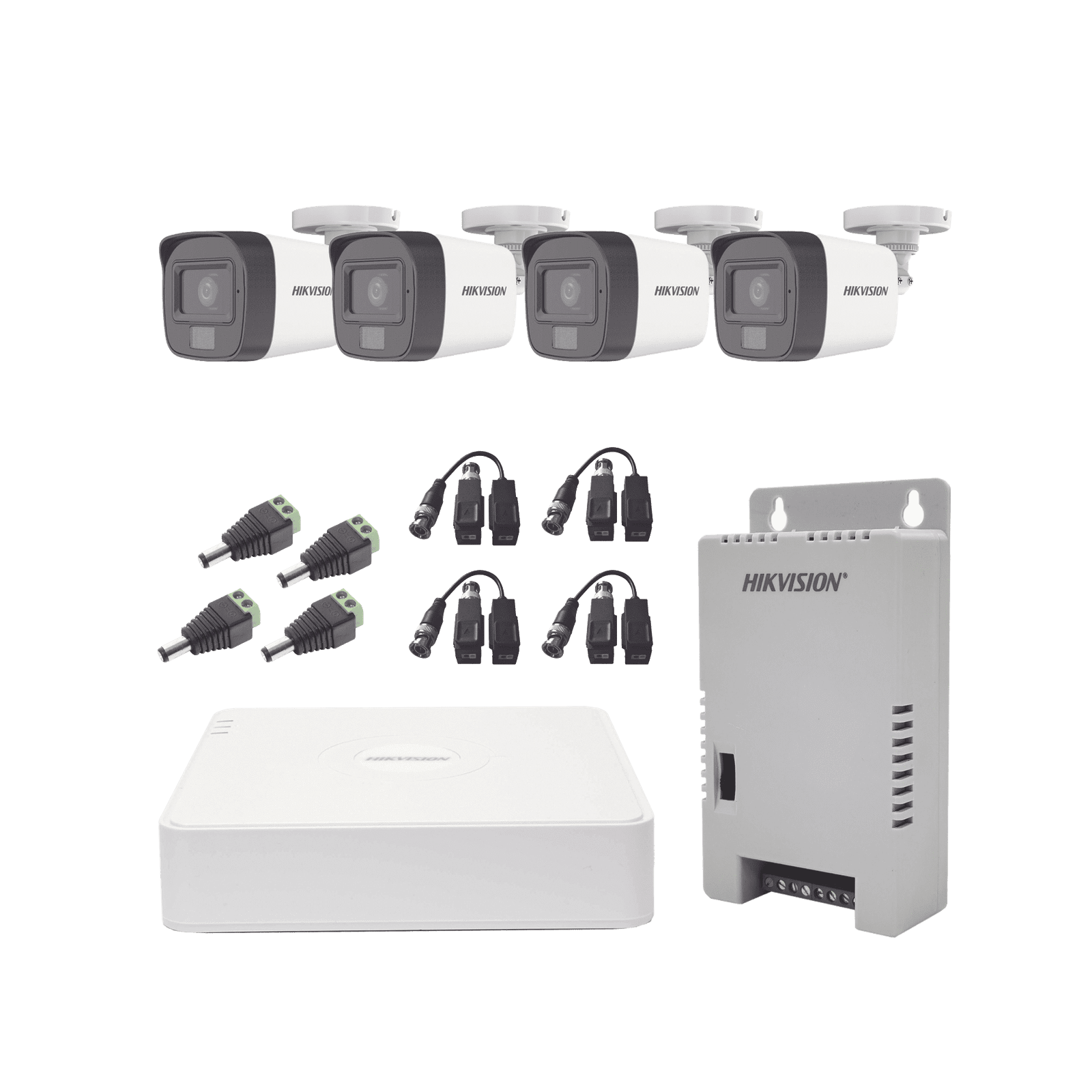 Kit TURBOHD 1080p / DVR 4 Canales / 4 Cámaras con Micrófono Integrado y 101° Visión / Luz Blanca + IR Visión Nocturna / Transceptores / Conectores / Fuente de Poder Profesional Compacta KH1080P4BSFH - HIKVISION