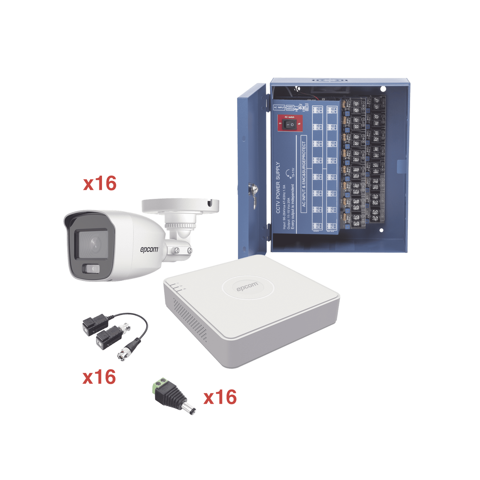Kit TurboHD 1080p Lite / DVR 16 Canales / 16 Cámaras Bala Exterior ( 2.8mm) con ColorVu + Micrófono Integado / Transceptores / Conectores / Fuente de Poder Profesional KE1080PL/16BCA - EPCOM