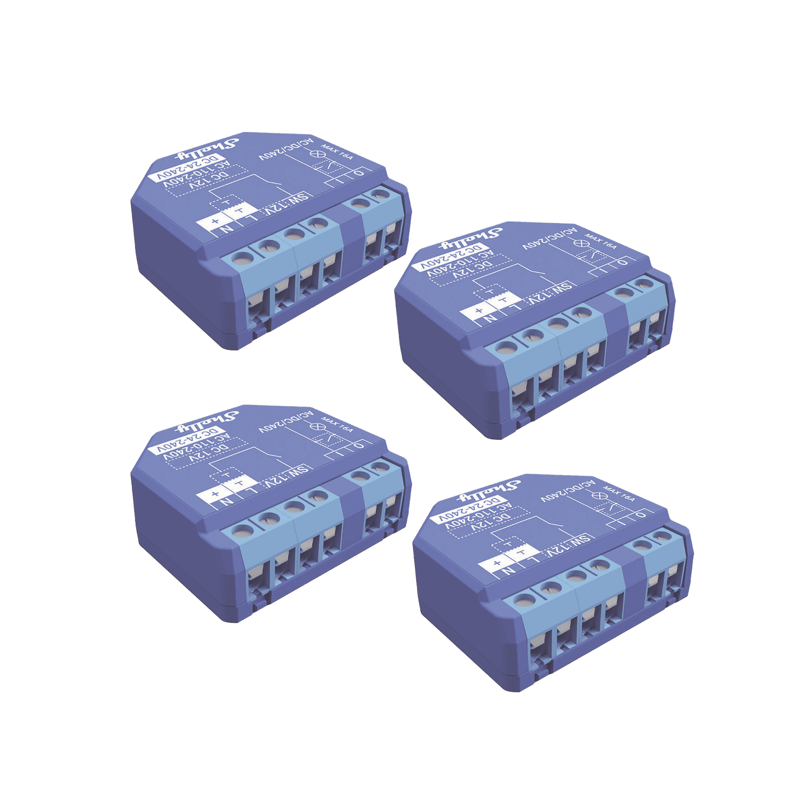 Kit de 4 / Relevador inalámbrico inteligente 16A, 110-230 V, compatible con asistente de voz Alexa, Google Home SHELLYPLUS1K4 - SHELLY