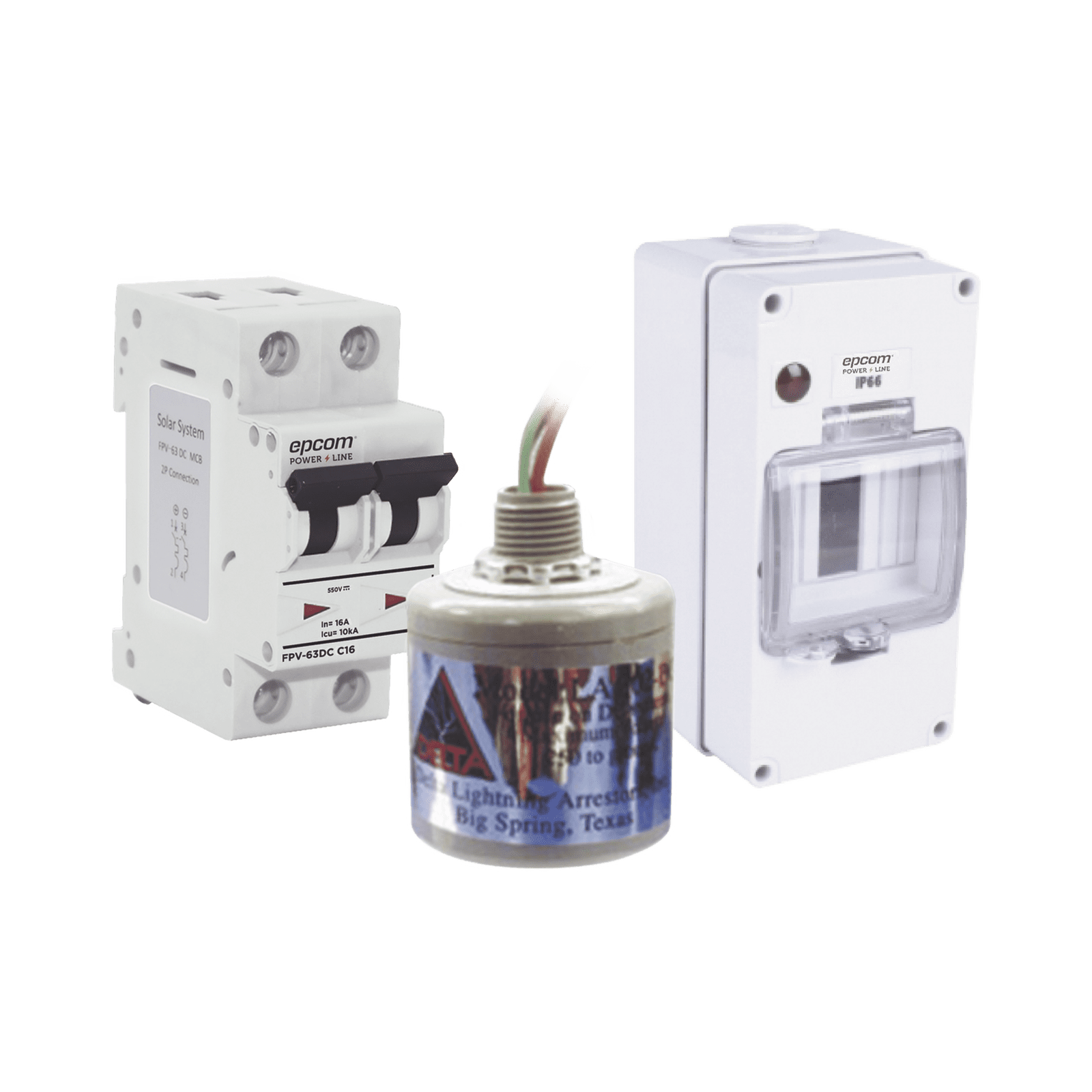 Kit de Centro de Carga Para Corriente Directa, Breaker de hasta  800 Vcc de 16 A con Supresor de Descargas Atmosféricas. PL16ACD - EPCOM POWERLINE