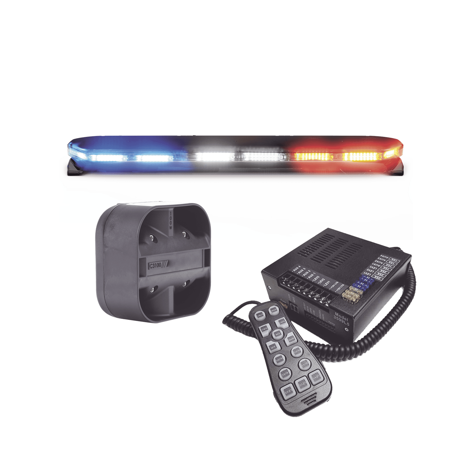 Kit de Sirena, Bocina y Torreta de 47″, Serie 16 con 300 LEDs, Dual Color, Frente: Rojo/Blanco, Azul/Blanco, Trasero: Rojo/Ámbar, Azul/Ámbar 16TR47KIT300 - ECCO