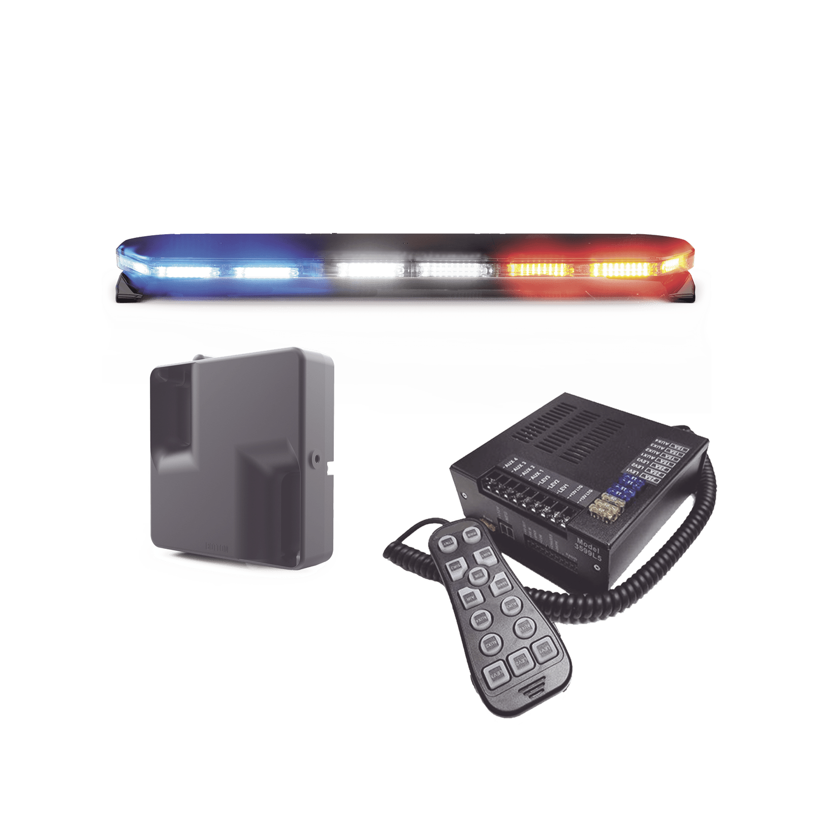 Kit de Sirena, Bocina y Torreta de 47″, Serie 16 con 300 LEDs, Dual Color, Frente: Rojo/Blanco, Azul/Blanco, Trasero: Rojo/Ámbar, Azul/Ámbar 16TR47KIT300C - ECCO