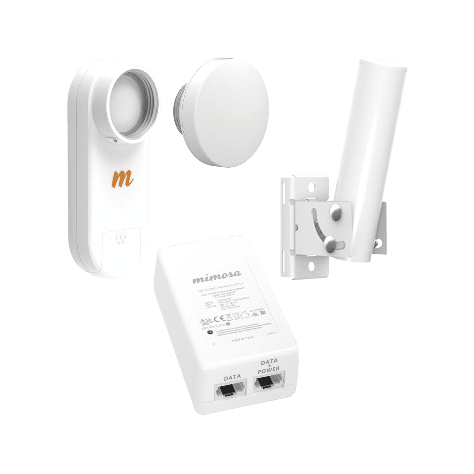 Kit de radios C5X, rango de frecuencia extendida (4.9 a 6.4 GHz),  incluye inyector POE, montaje universal para tubo o poste Y una antena de 12 dBi C5X-N12-PACK - MIMOSA NETWORKS