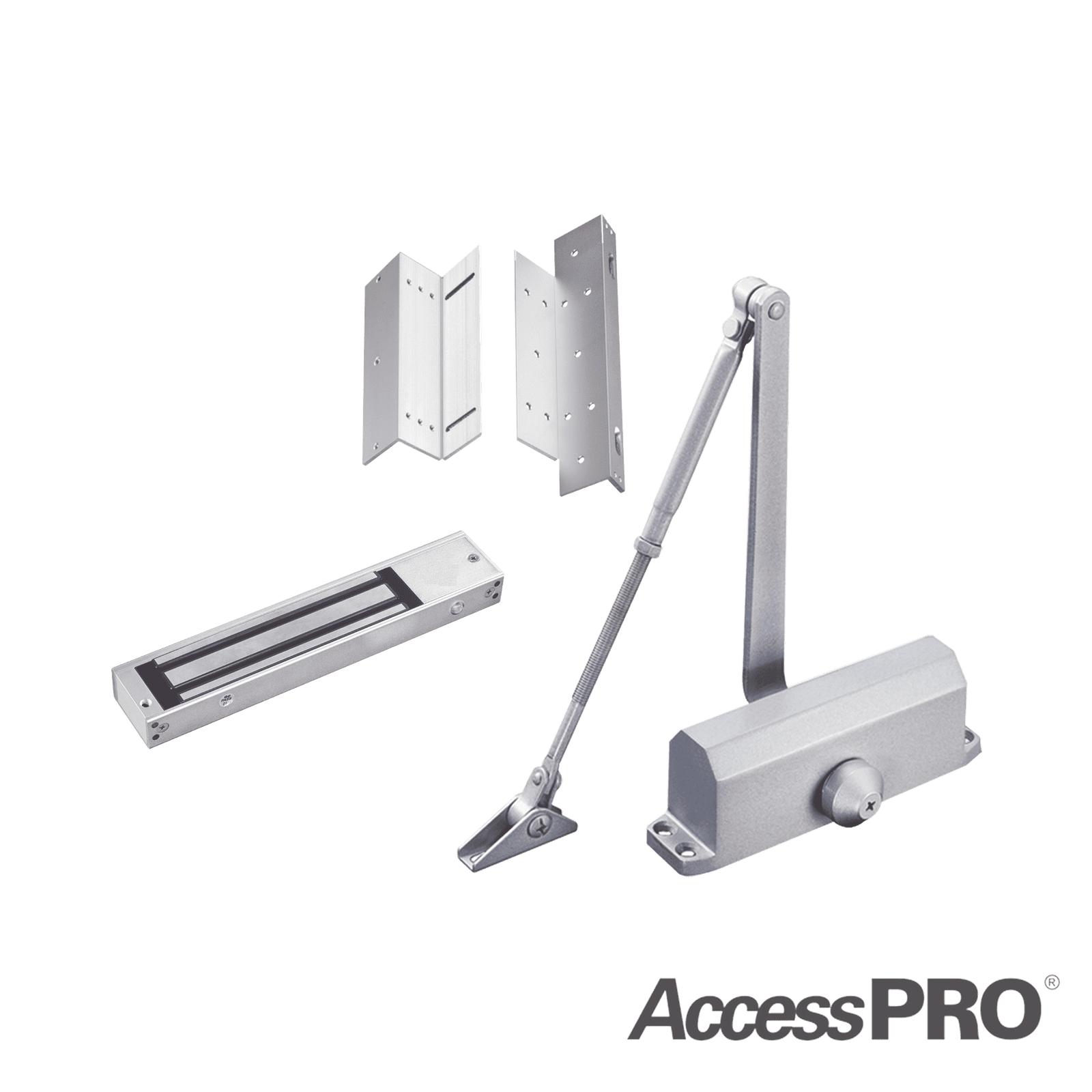 Kit para control de acceso incluye Chapa magnética de 600Lbs / Montajes L y Z / Cierra puerta para 45-65Kg. ACCESSKIT600N - AccessPRO