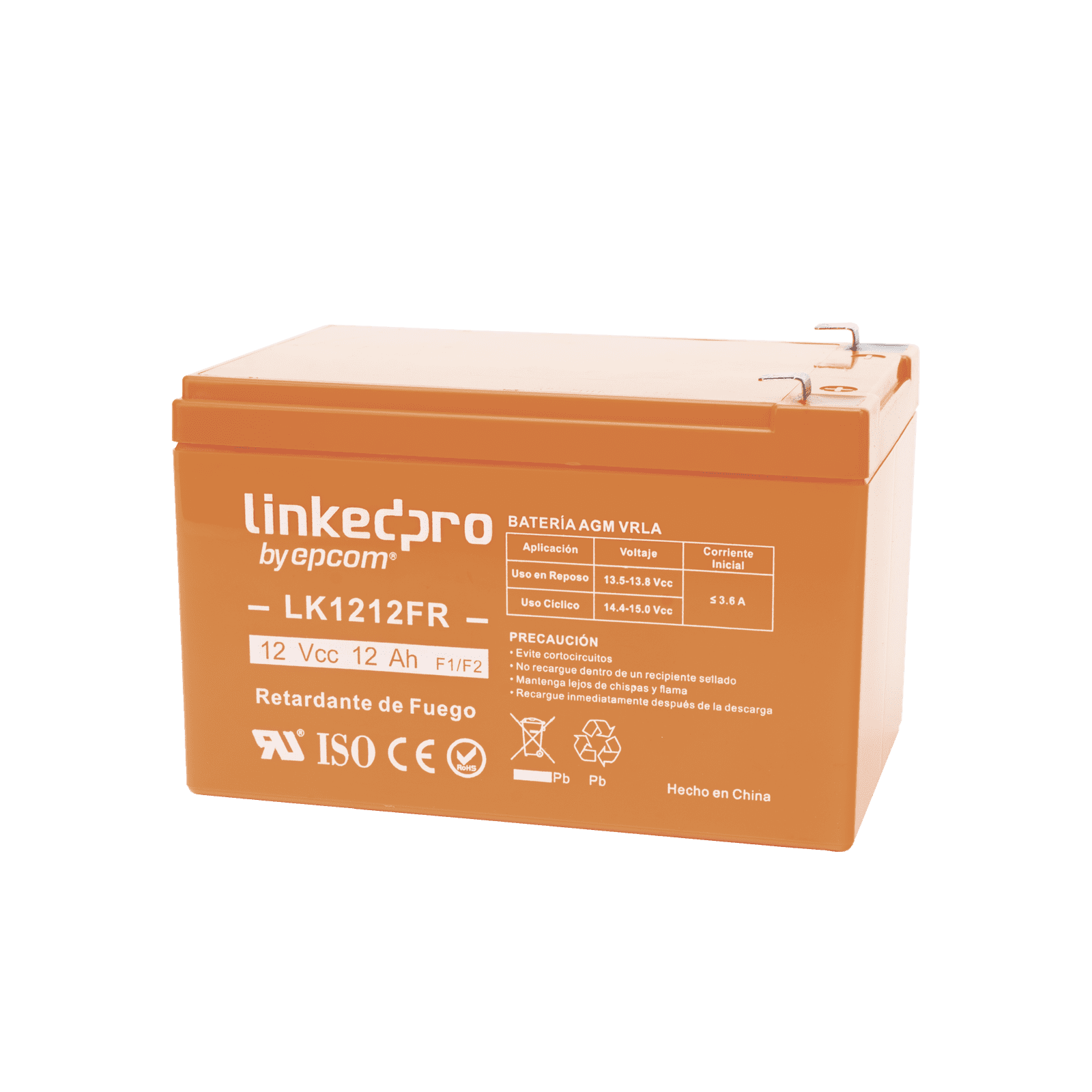 Batería 12 V / 12 Ah / UL / Tecnología AGM-VRLA / Vida útil promedio de 5 aRetardante a la Flama / Uso en equipo electrónico, Alarmas de Intrusión / Incendio / Control de acceso / Video Vigilancia / Terminales F1 ( Inclu LK1212FR - LINKEDPRO BY EPCOM