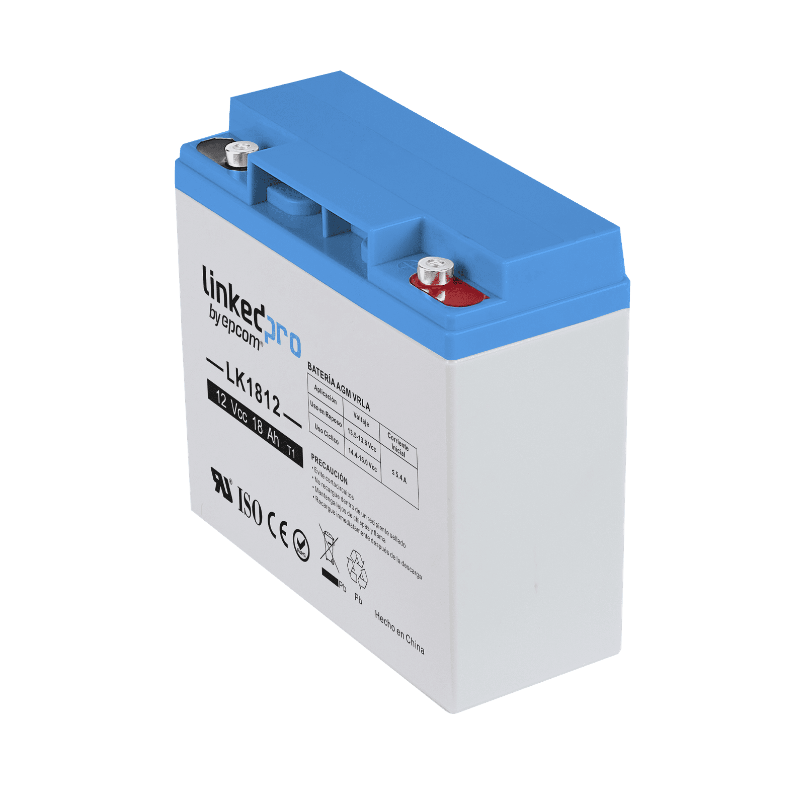 Batería 12 Vcc / 18 Ah / UL / Tecnología AGM-VRLA / Vida útil promedio de 5 años / Para uso en equipo electrónico, Alarmas de Intrusión / Incendio/ Control de acceso / Video Vigilancia / Terminales T1 . LK1812 - LINKEDPRO BY EPCOM