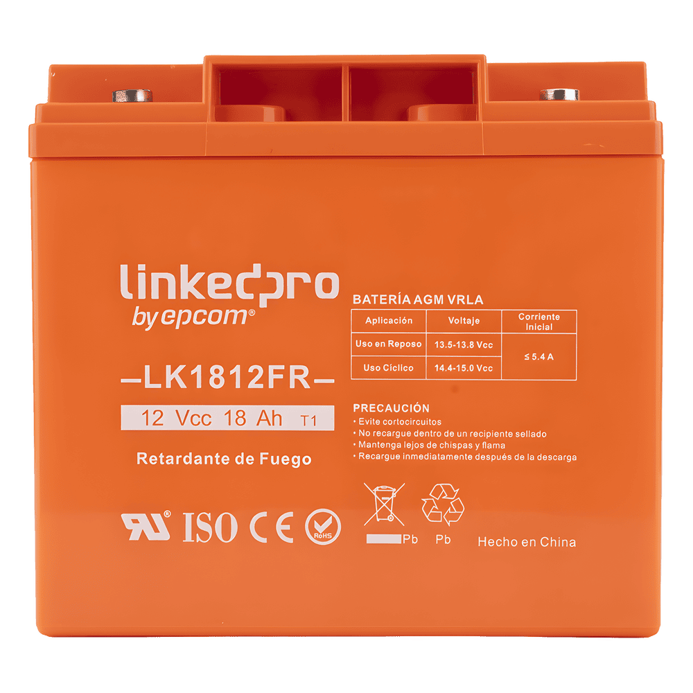 Batera 12 V / 18 Ah / UL / Tecnologa AGM-VRLA / Vida til promedio de 5 aos / Retardante a la Flama / Para uso en equipo electrnico, Alarmas de Intrusin / Incendio/ Control de acceso / Video Vigilancia / Term LK1812FR