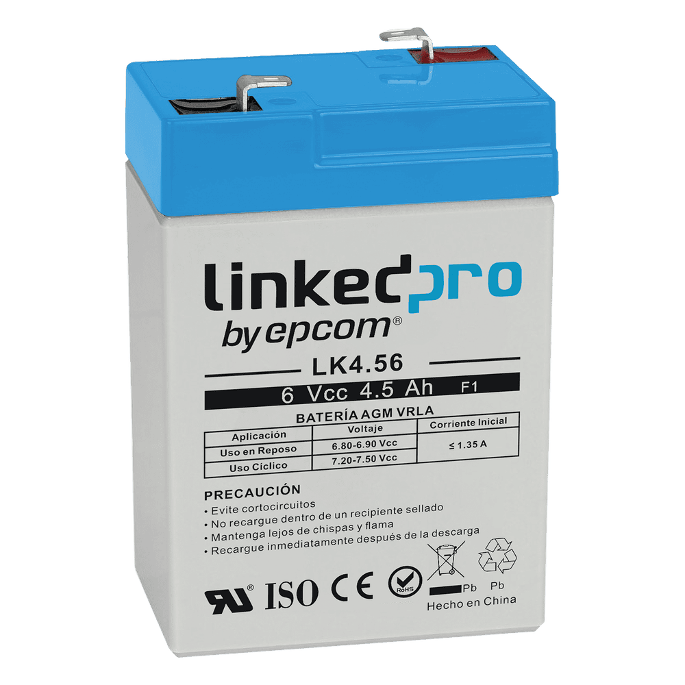 Batera 6 Vcc / 4.5 Ah / UL / Tecnologa AGM-VRLA / Vida til promedio 5 aos / Para uso en equipo electrnico, Alarmas de Intrusin / Incendio/ Control de acceso / Video Vigilancia / Terminales F1 ( Incluye adapt LK4.56