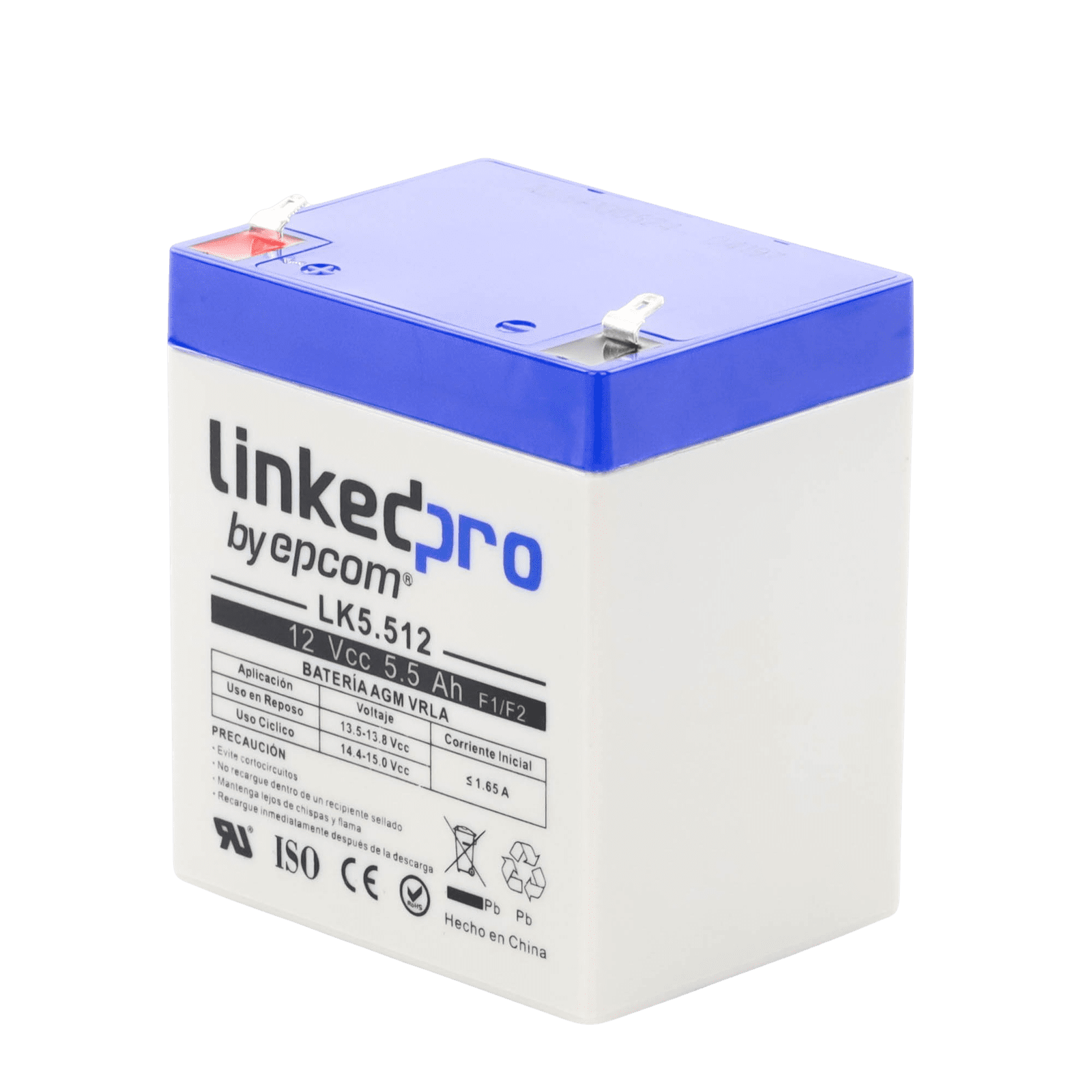 Batería 12 Vcc / 5.5 Ah / UL / Vida útil promedio 5 años / Tecnología AGM-VRLA / Para uso en equipo electrónico, Alarmas de Intrusión / Incendio/ Control de acceso / Video Vigilancia / Terminales F1 ( Incluye adap LK5.512 - LINKEDPRO BY EPCOM