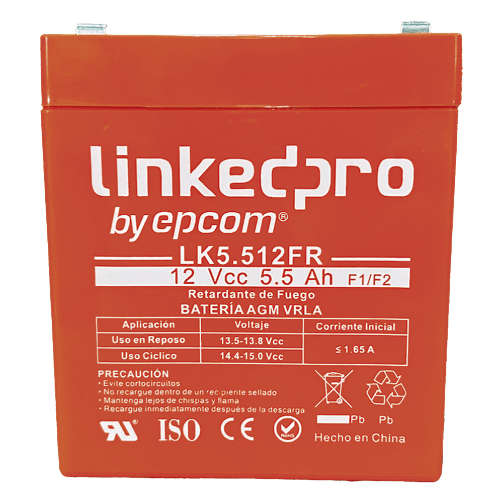 Batera 12 Vcc / 5.5 Ah / UL / Tecnologa AGM-VRLA / Vida til promedio de 5 aos / Retardante a la Flama / Para uso en equipo electrnico, Alarmas de Intrusin / Incendio/ Control de acceso / Video Vigilancia / T LK5.512FR