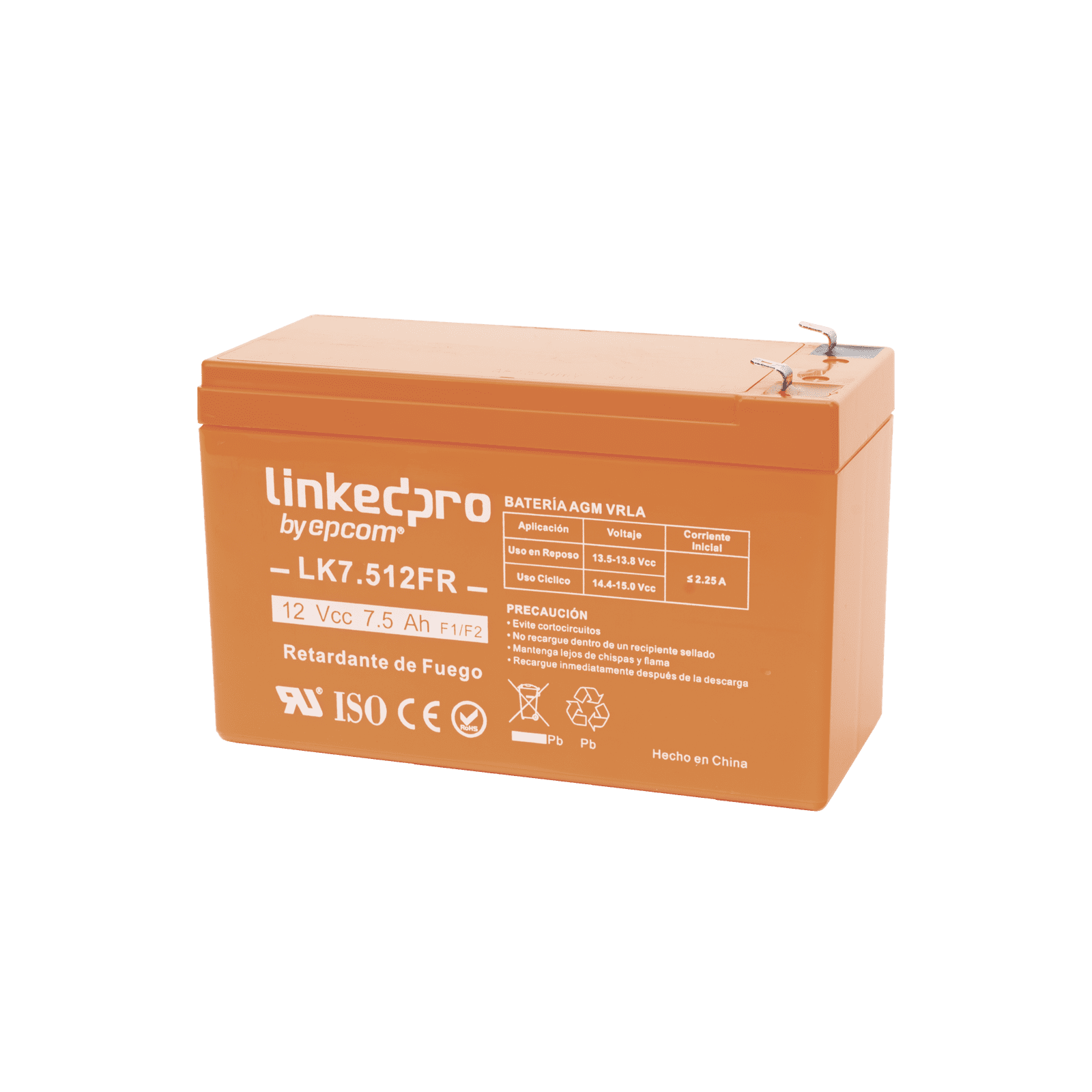 Batería 12 V / 7.5 Ah / UL / Tecnología AGM-VRLA / Vida útil promedio de 5 años / Retardante a la Flama / Para equipo electrónico, Alarmas de Intrusión / Incendio/ Control de acceso / Video Vigilancia / Terminales LK7.512FR - LINKEDPRO BY EPCOM