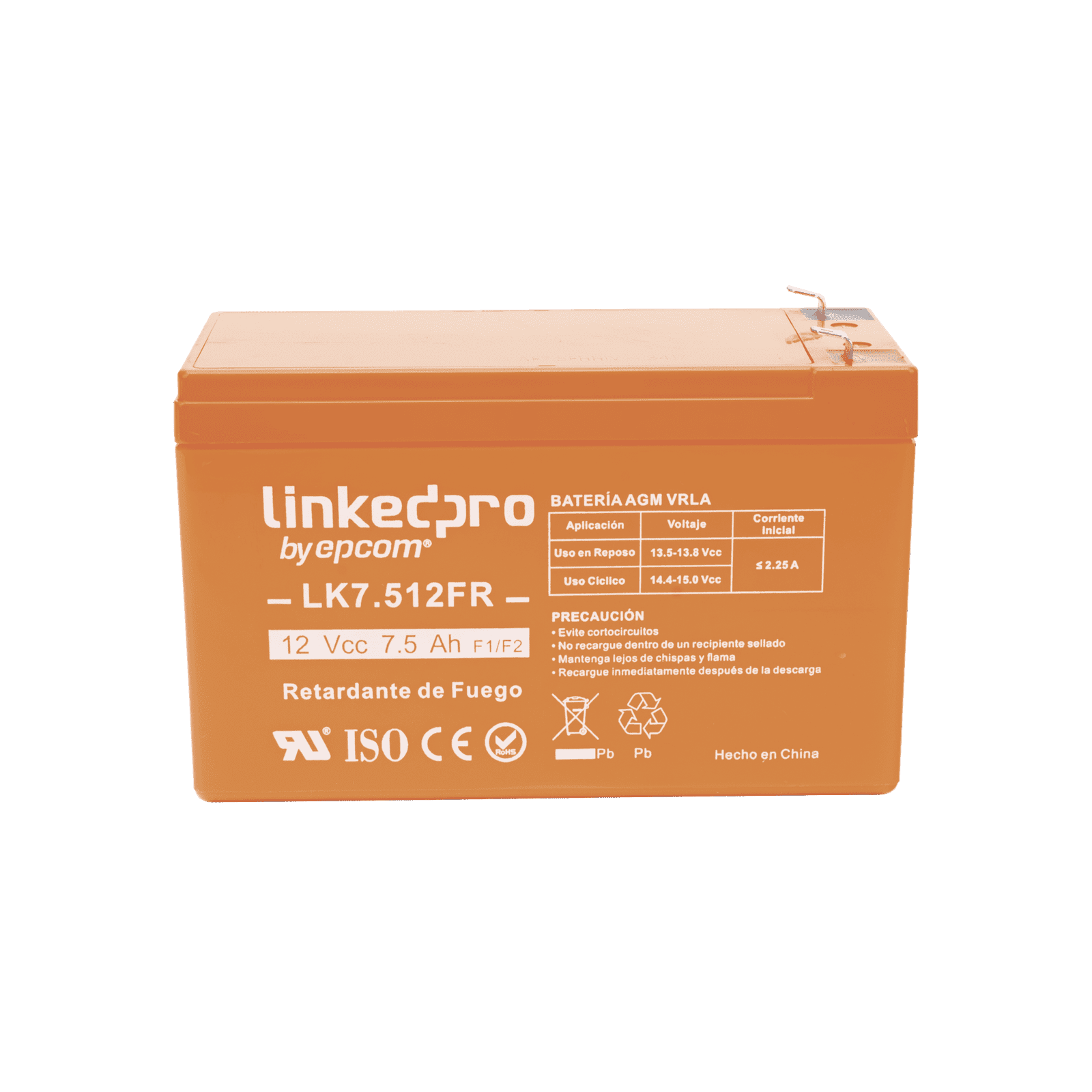 Batería 12 V / 7.5 Ah / UL / Tecnología AGM-VRLA / Vida útil promedio de 5 años / Retardante a la Flama / Para equipo electrónico, Alarmas de Intrusión / Incendio/ Control de acceso / Video Vigilancia / Terminales LK7.512FR - LINKEDPRO BY EPCOM