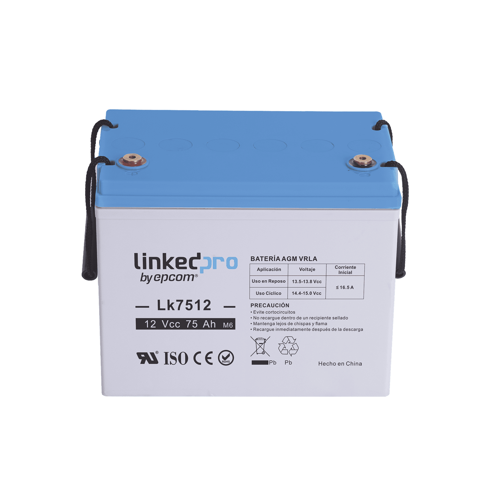Batería 12 Vcc / 75 Ah / UL / Tecnología AGM-VRLA / Vida útil promedio de 5 años / Para uso en equipo electrónico / Sistemas de emergencia y aplicaciones fotovoltaicas Terminales T3 LK7512 - LINKEDPRO BY EPCOM