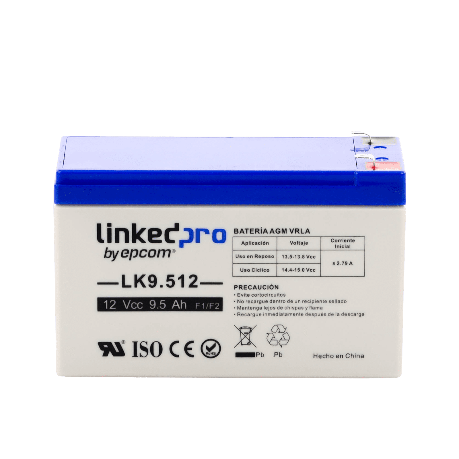 Batería 12 Vcc / 9.5 Ah / UL / Tecnología AGM-VRLA / Vida útil promedio 5 años / Para uso en equipo electrónico, Alarmas de Intrusión / Incendio/ Control de acceso / Video Vigilancia / Terminales F1 ( Incluye adap LK9.512 - LINKEDPRO BY EPCOM