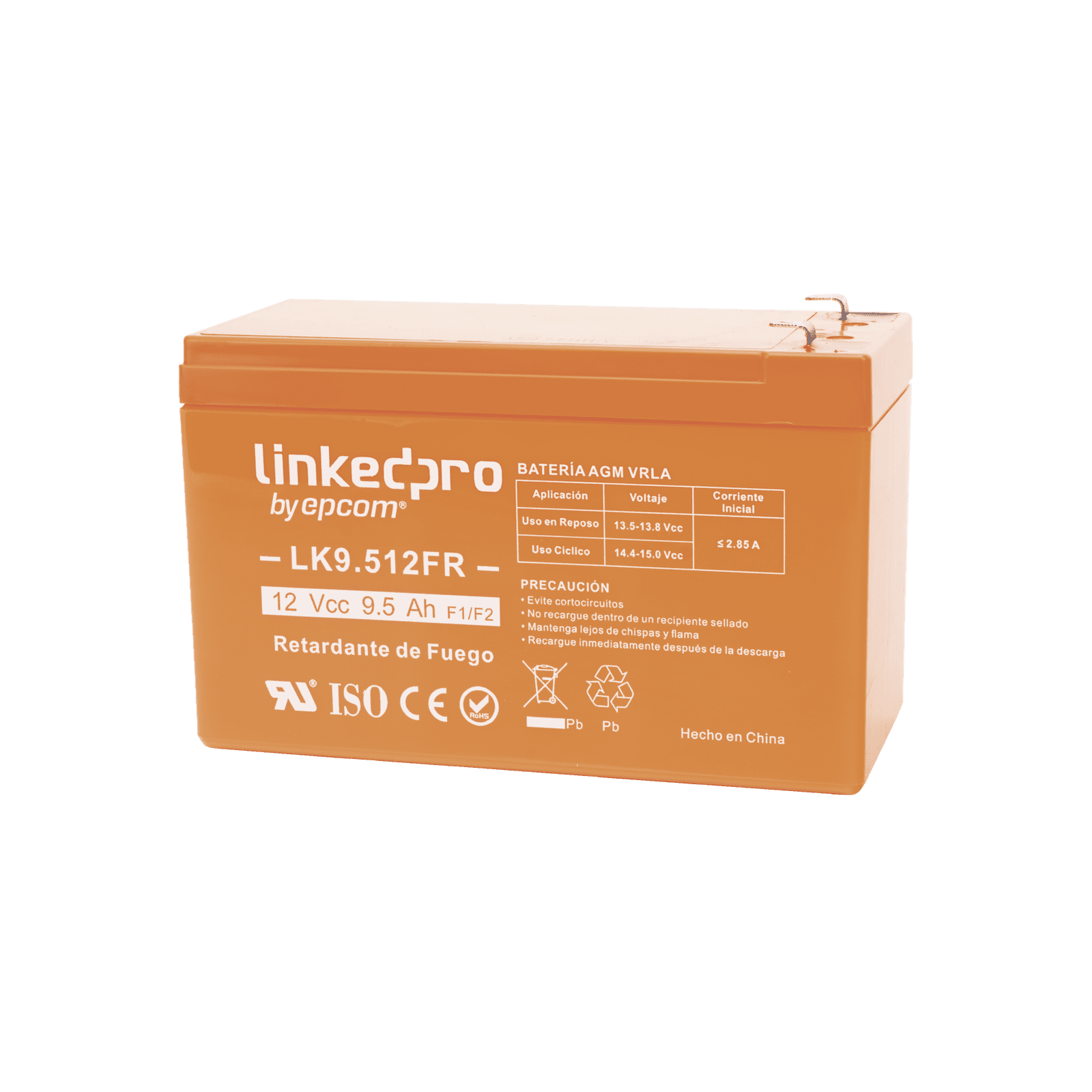 Batería 12 V / 9.5 Ah / UL / Tecnología AGM-VRLA / Vida útil promedio de 5 años / Retardante a la Flama /  Uso en equipo electrónico, Alarmas de Intrusión / Incendio/ Control de acceso / Video Vigilancia / Termina LK9.512FR - LINKEDPRO BY EPCOM