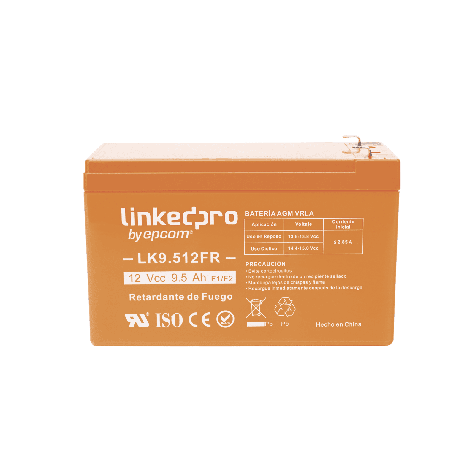 Batería 12 V / 9.5 Ah / UL / Tecnología AGM-VRLA / Vida útil promedio de 5 años / Retardante a la Flama / Uso en equipo electrónico, Alarmas de Intrusión / Incendio/ Control de acceso / Video Vigilancia / Termina LK9.512FR - LINKEDPRO BY EPCOM