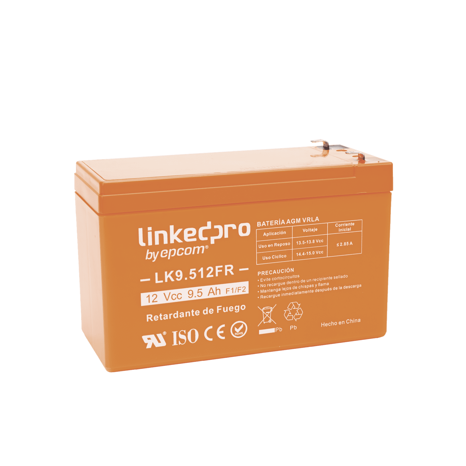 Batería 12 V / 9.5 Ah / UL / Tecnología AGM-VRLA / Vida útil promedio de 5 años / Retardante a la Flama / Uso en equipo electrónico, Alarmas de Intrusión / Incendio/ Control de acceso / Video Vigilancia / Termina LK9.512FR - LINKEDPRO BY EPCOM