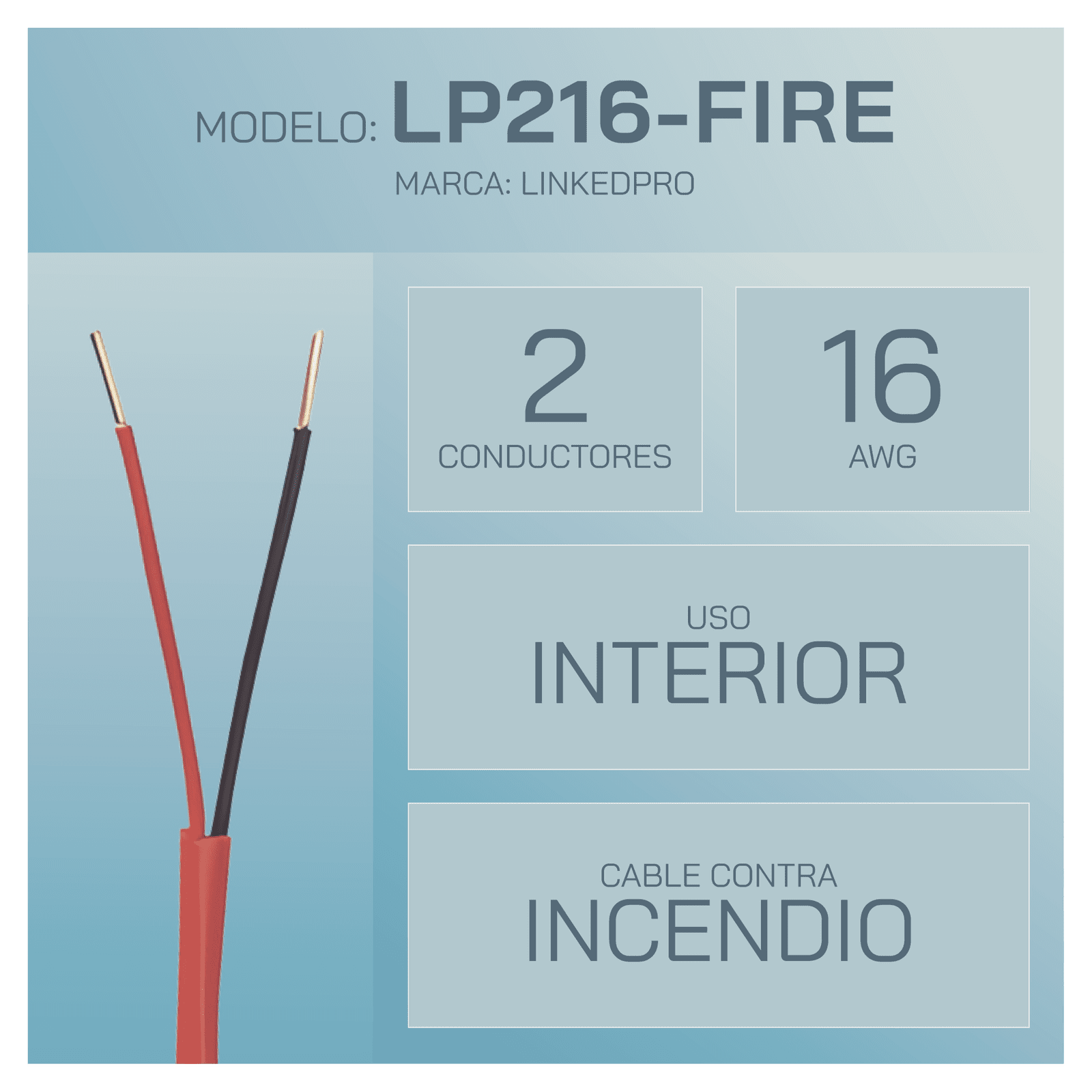 Alambre de Alarma contra Incendios – Bobina de 305 Metros: 2 x 16 AWG, Rojo, Tipo FPLR, (UL) FT4, Ideal para Sistemas de Detección y Evacuación de Incendios LP216-FIRE - LinkedPRO