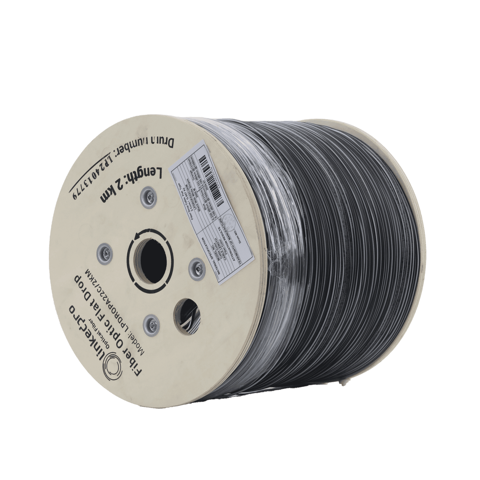 Carrete de 2 km de Fibra Óptica Drop Plana, Interior/Exterior G.657A2 Monomodo de 2 hilos (bifibra), Dieléctrica, Forro Negro, (No Soporta Conectores Mecánicos) LPDROPA22C/2KM - LINKEDPRO BY EPCOM