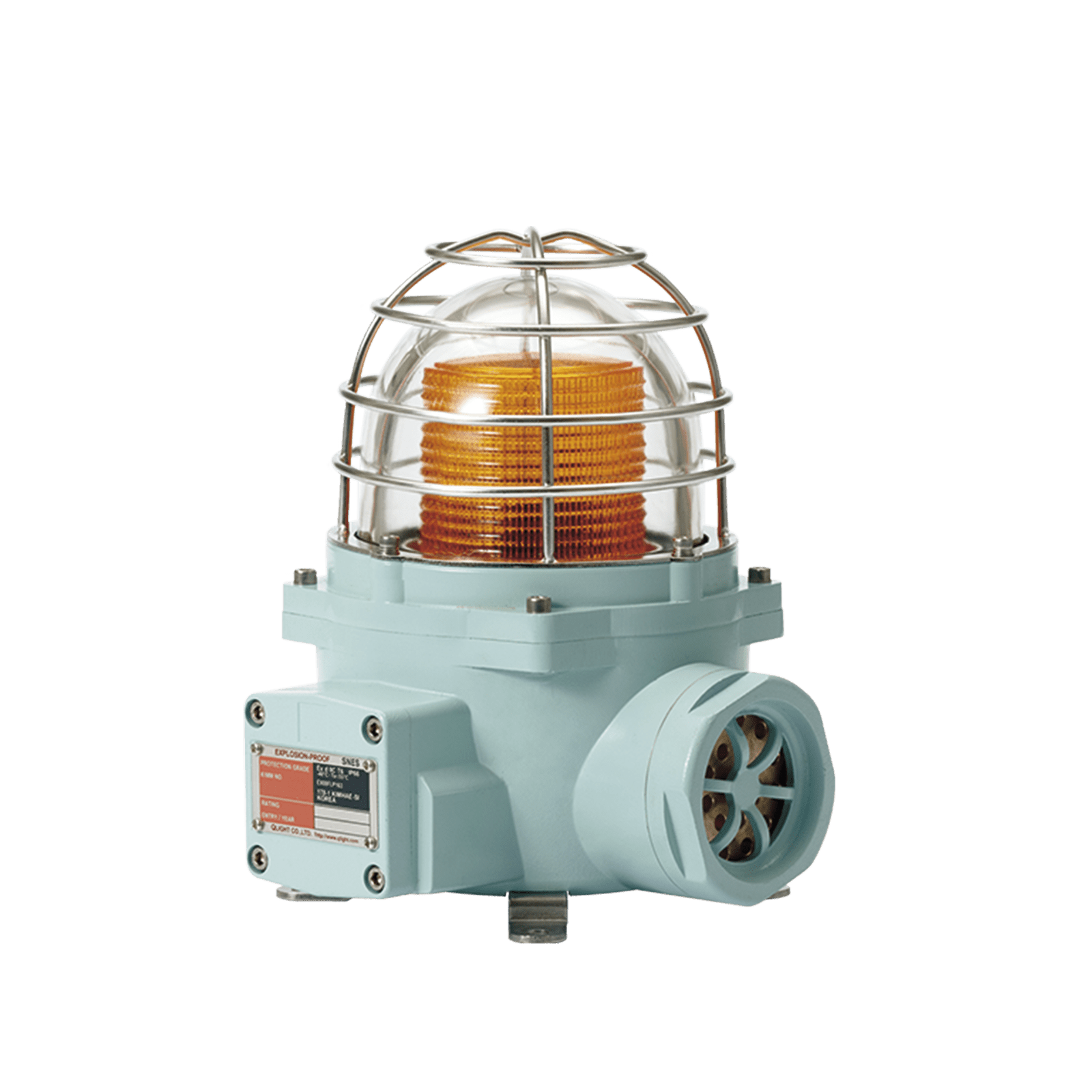 Luz LED color Ámbar de advertencia con patrón de destello flasheante/fijo para zonas peligrosas con buzzer incluido a 105 dB. de 24 VCD SNESL-24-A-ATEX - QLIGHT