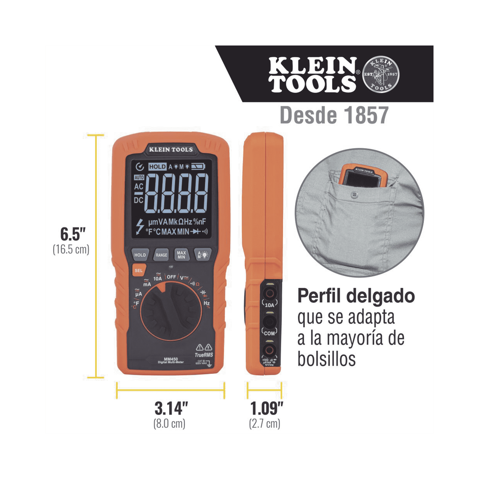 Multímetro Digital Esbelto de Rango Automático con TRMS 600V y Medición de Temperatura MM450 - KLEIN TOOLS