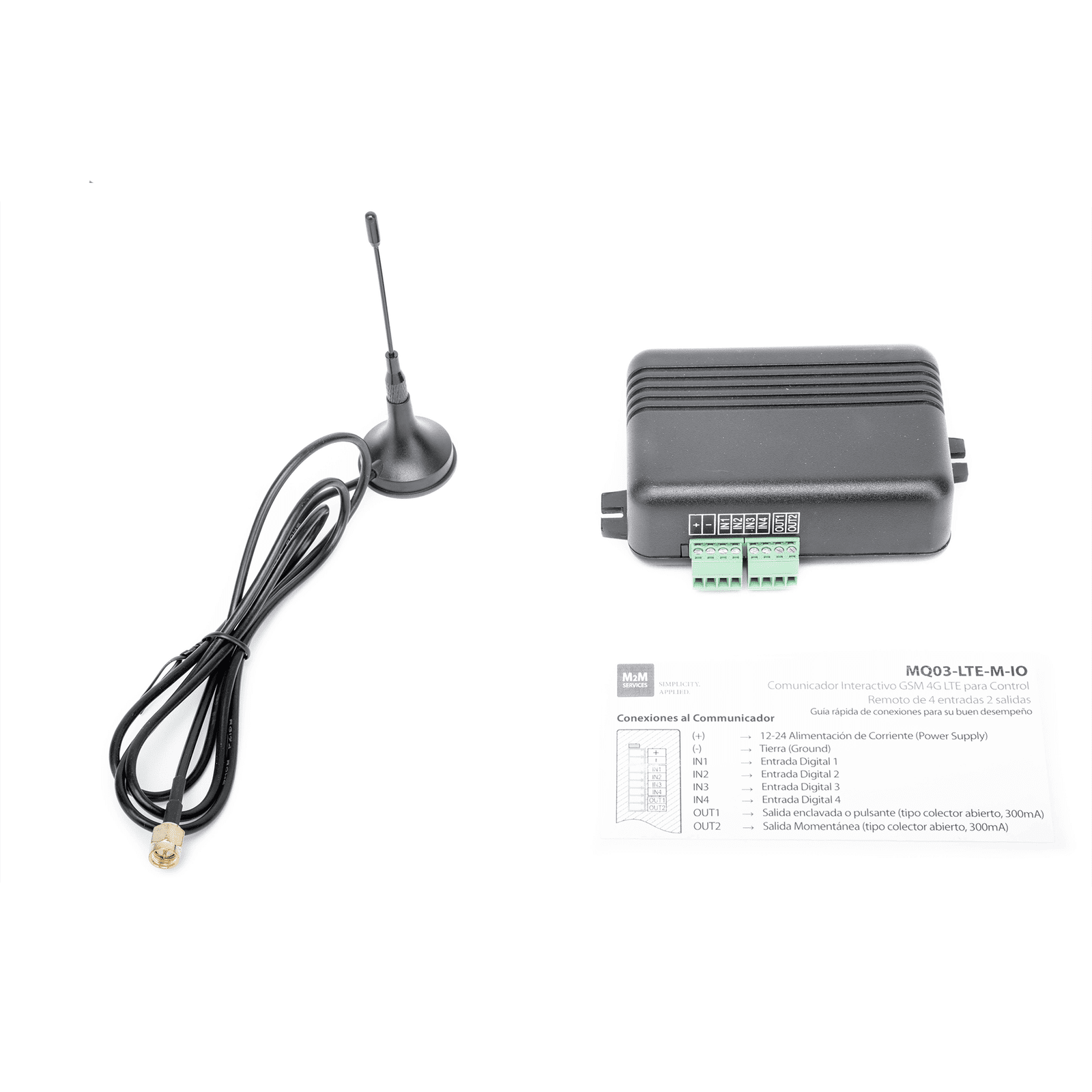 Controlador 4GLTEM / 4 ENTRADAS Y 2 SALIDAS / 2 AÑOS ILIMITADOS INCLUIDOS / Activacion Remota /Notificacion PUSH e EMAIL / APP SIN COSTO / Soporte para Reporte a Central de Alarma MQ03-LTE-M - M2M SERVICES