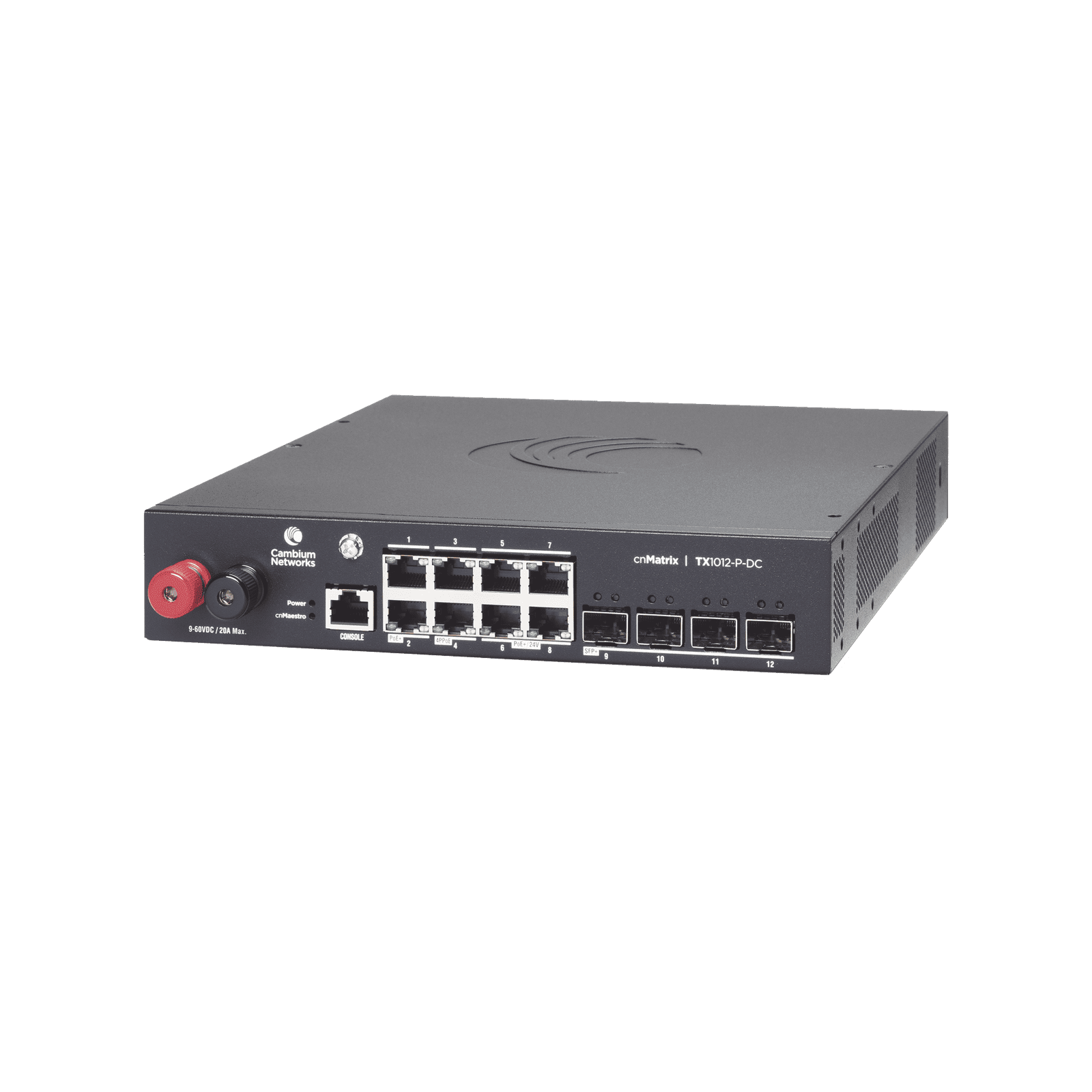 Switch cnMatrix WISP TX1012-DC-P de 8 puertos PoE y 4 SFP+, 170 W PoE Budget, Capa 2, gestión gratuita desde la nube, para corriente directa MX-TX1012GXPA-20 - CAMBIUM NETWORKS