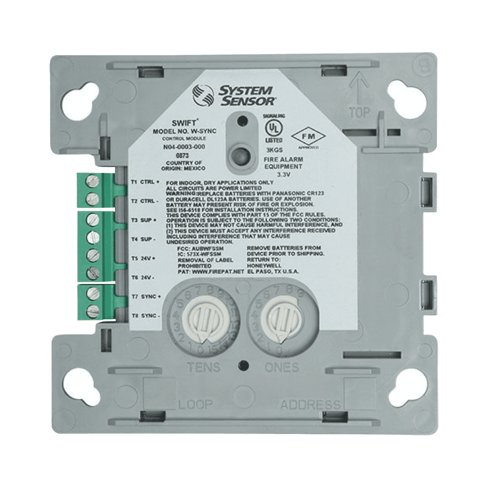 Módulo de Sincronización Inalámbrico / Compatible con Paneles Notifier, Fire-Lite, Silent Knight y Farenhyt / Incluye Baterías W-SYNC - SYSTEM SENSOR