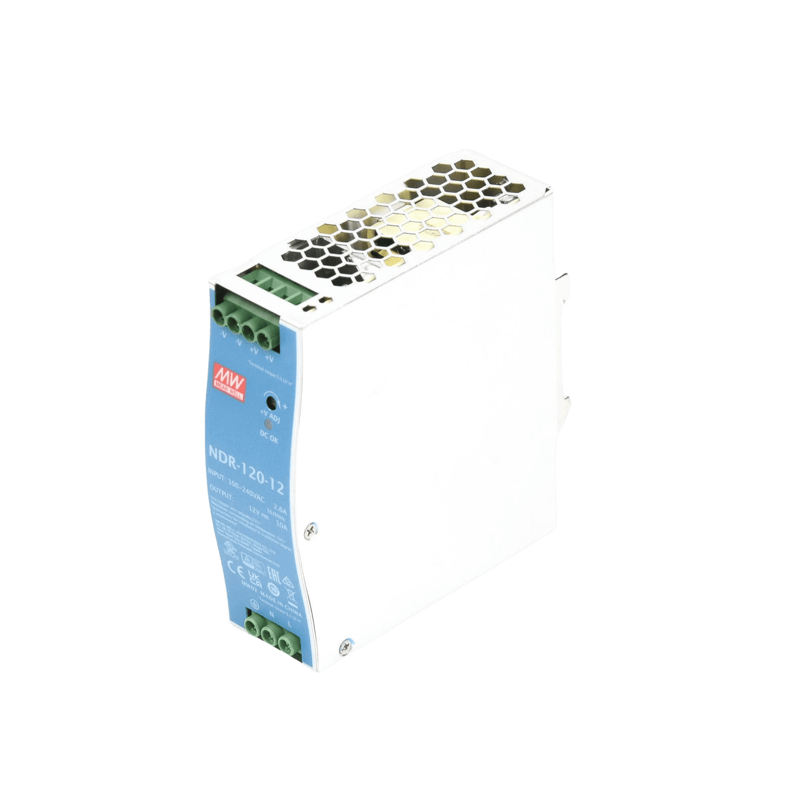 Fuente de poder industrial de 120 W, salida 12 Vcc, entrada 90~264 VCA, para montaje en riel DIN, NDR-120-12 - MEANWELL