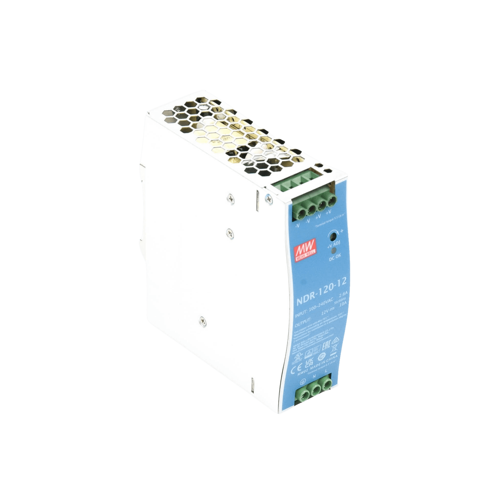 Fuente de poder industrial de 120 W, salida 12 Vcc, entrada 90~264 VCA, para montaje en riel DIN, NDR-120-12 - MEANWELL