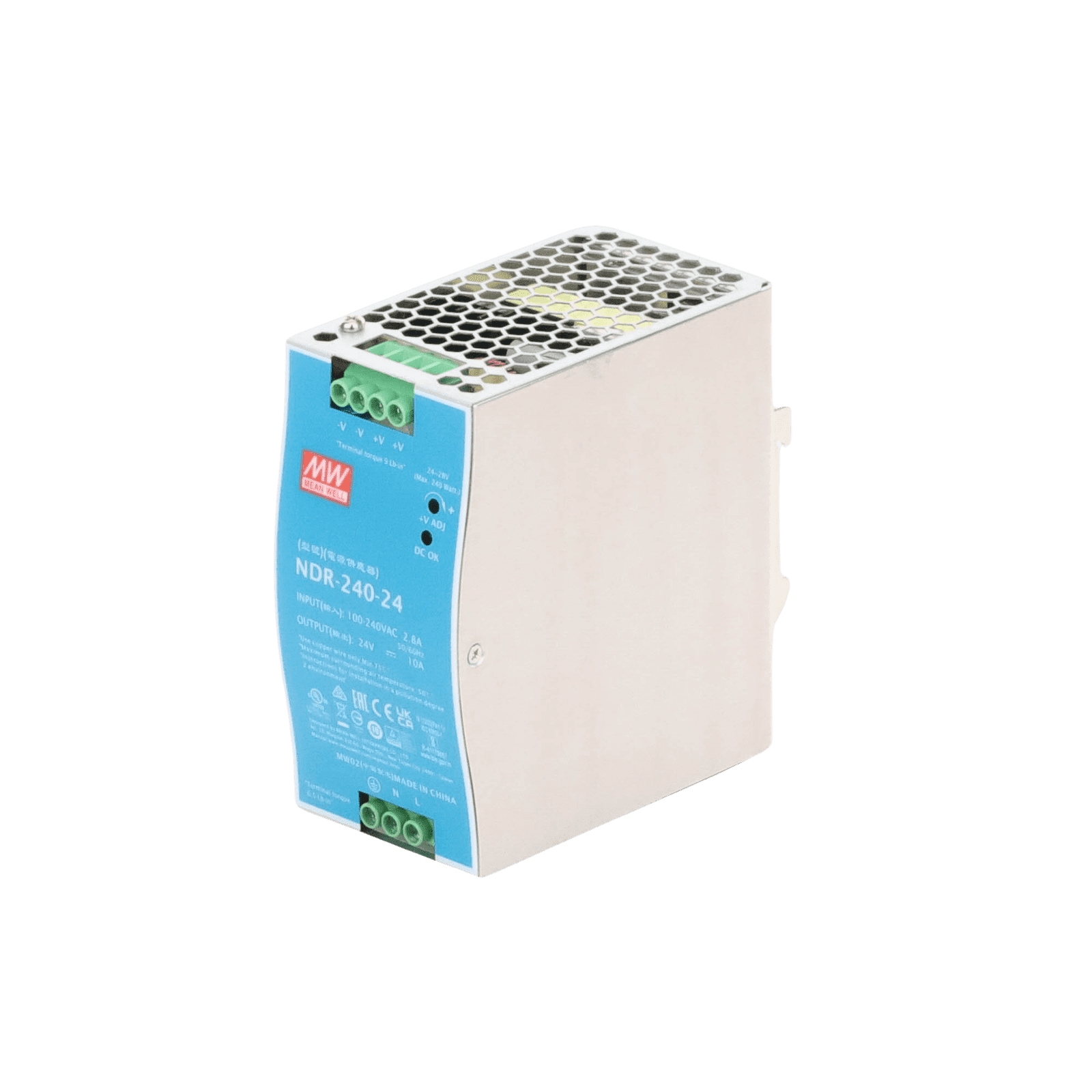 Fuente de Poder Industrial de 240W, salida 24Vcc, 10A, para montaje Riel Din NDR24024 - MEANWELL