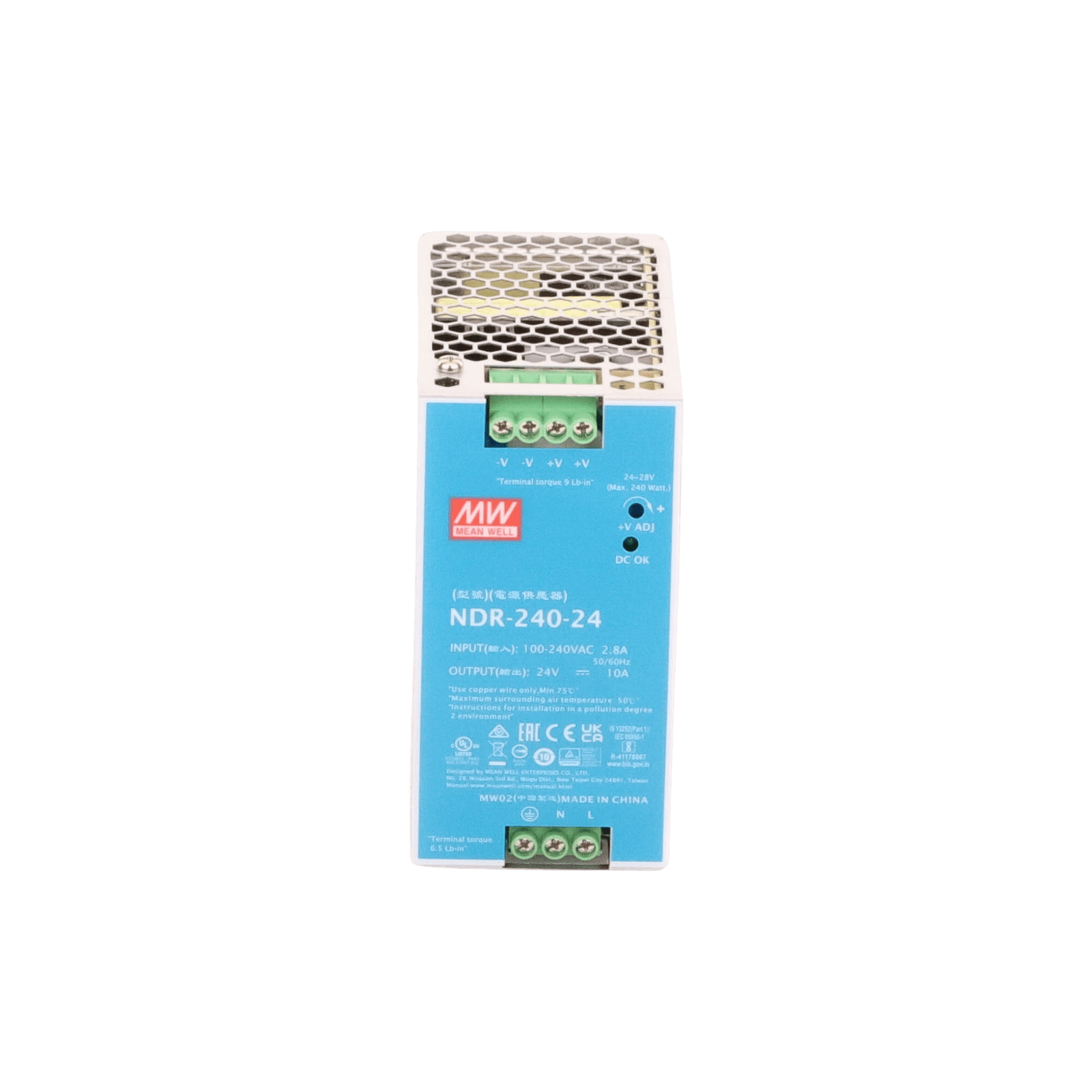Fuente de Poder Industrial de 240W, salida 24Vcc, 10A, para montaje Riel Din NDR24024 - MEANWELL