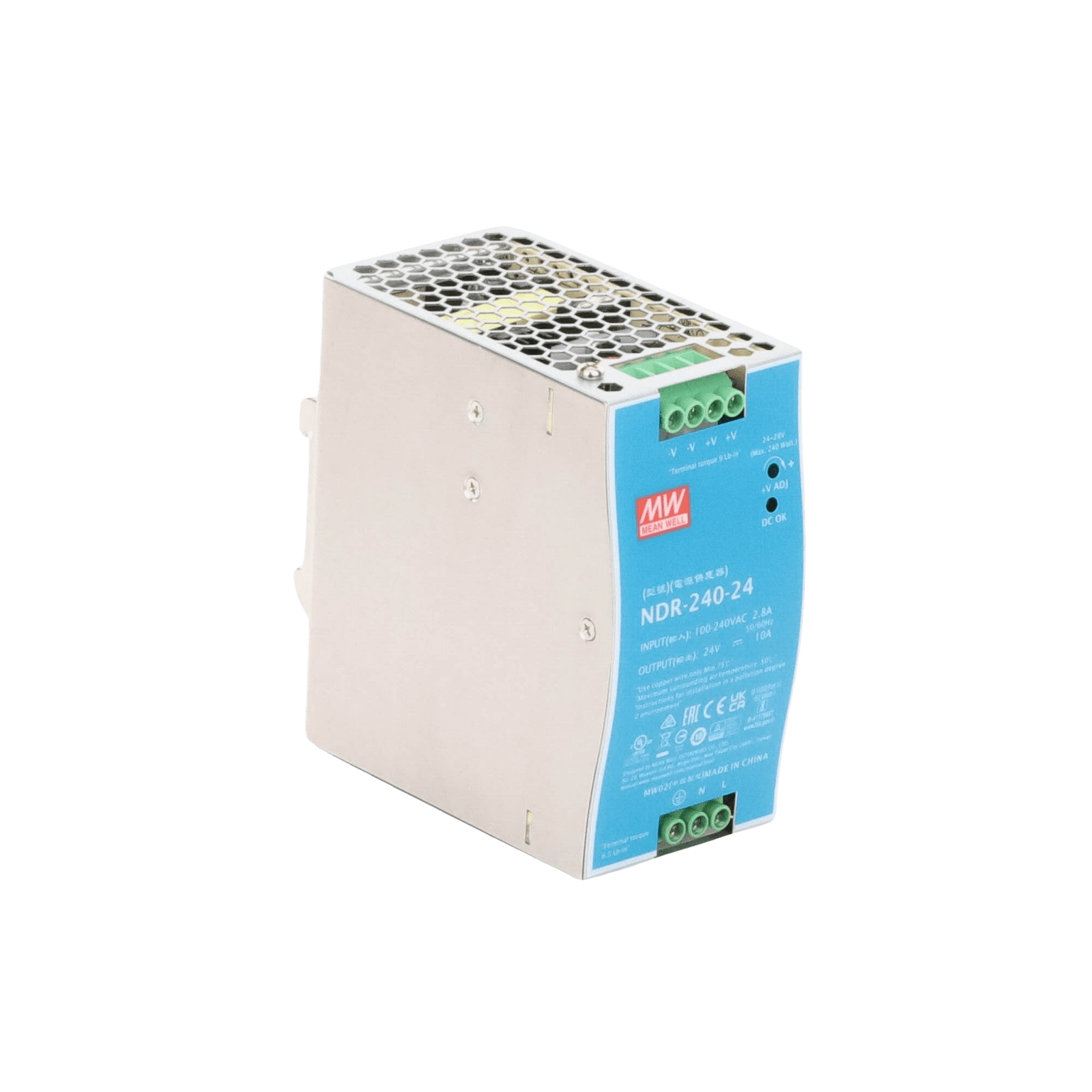 Fuente de Poder Industrial de 240W, salida 24Vcc, 10A, para montaje Riel Din NDR24024 - MEANWELL