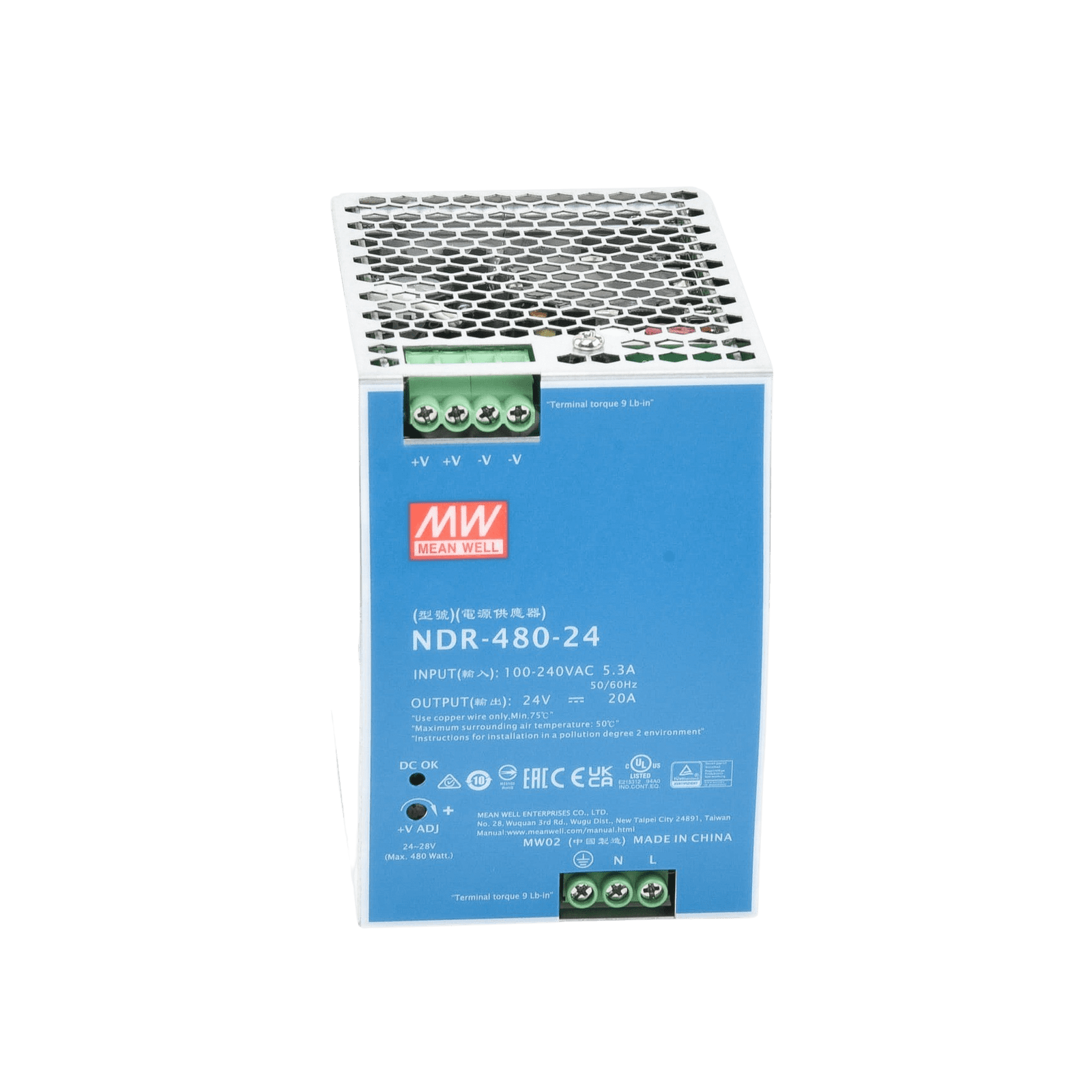 Fuente de Poder Industrial de 480W, salida 24 Vcc, para montaje en Riel Din NDR48024 - MEANWELL