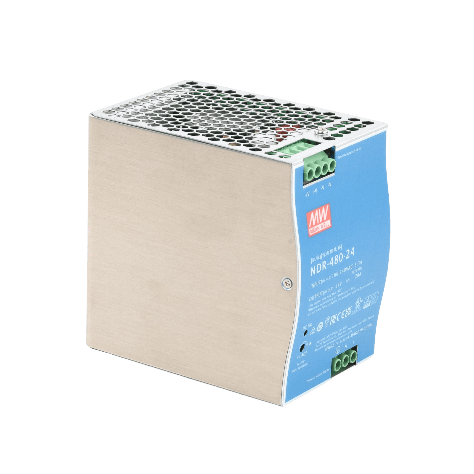 Fuente de Poder Industrial de 480W, salida 24 Vcc, para montaje en Riel Din NDR48024 - MEANWELL
