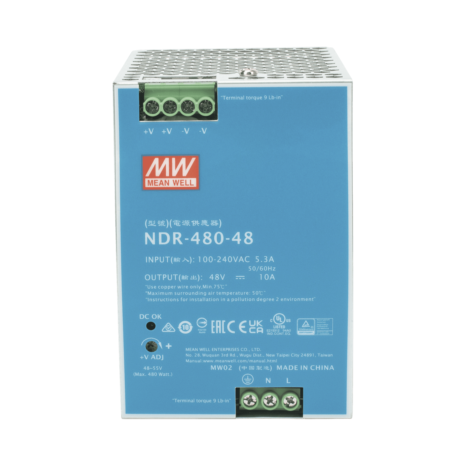 Fuente de Poder Industrial de 480W, salida 48 Vcc, para montaje en riel Din NDR-480-48 - MEANWELL