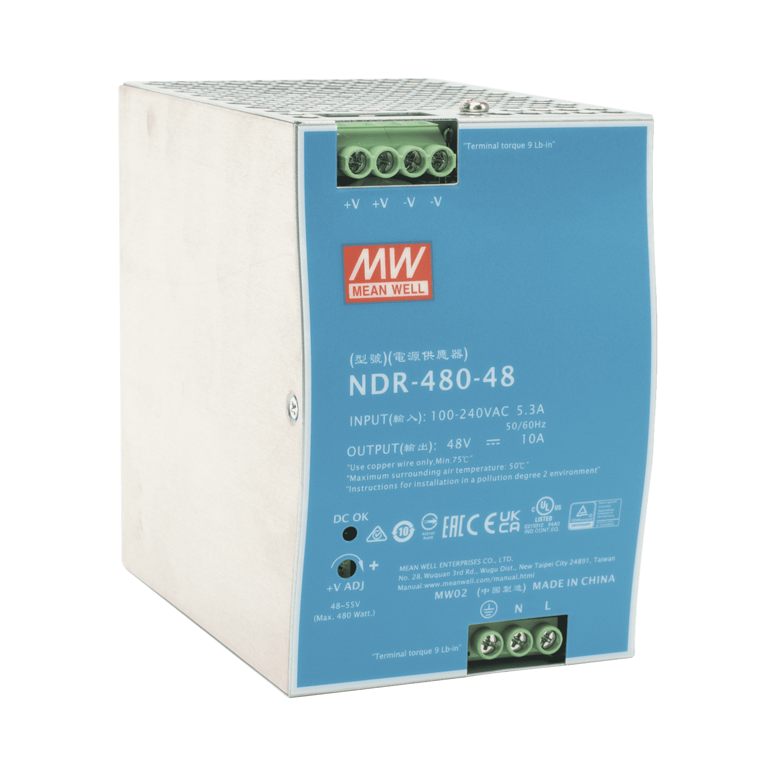 Fuente de Poder Industrial de 480W, salida 48 Vcc, para montaje en riel Din NDR-480-48 - MEANWELL