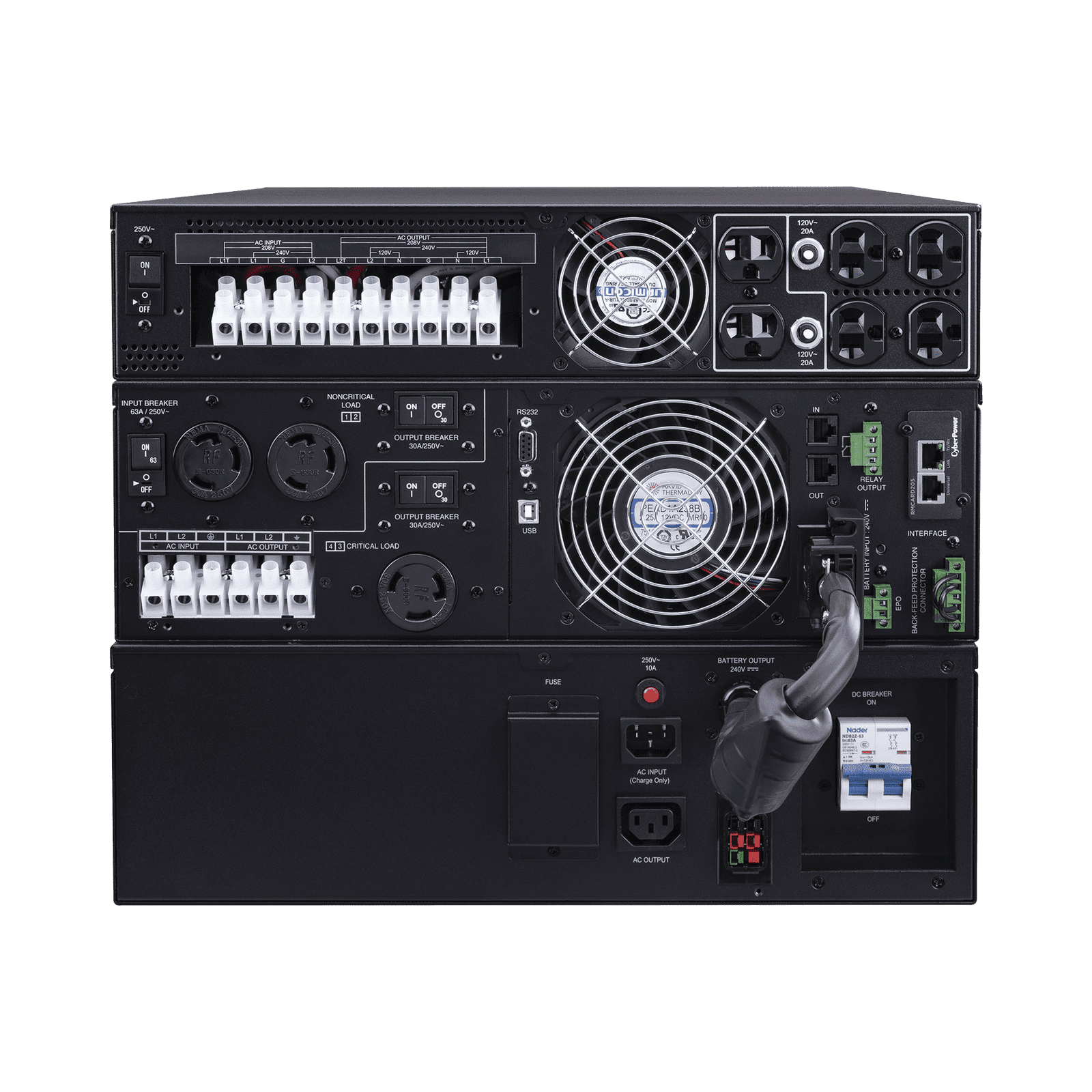 UPS de 10000 VA/10000 W, Online Doble Conversión, 200 – 240 Vac de Entrada, 120 – 240 Vac de Salida, Entrada Hardwired, Onda Senoidal Pura, Torre o Rack de 8 UR, Con 6 Tomas NEMA 5-20R, 3 NEMA L6-30R y Terminal Hardwire OL10KRTF - CyberPower